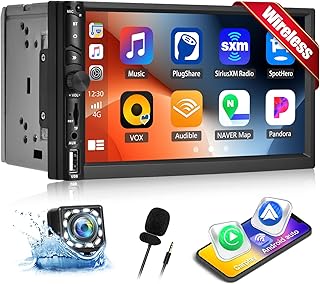 [Upgrade] Double Din Car Stereo with Wireless CarPlay Wireless Android Auto 7 Inch Car Audio Receiver Car Radio Touchscreen with Bluetooth 5.1, Mirror Link, Backup Camera, FM, SWC, USB/AUX/TF
