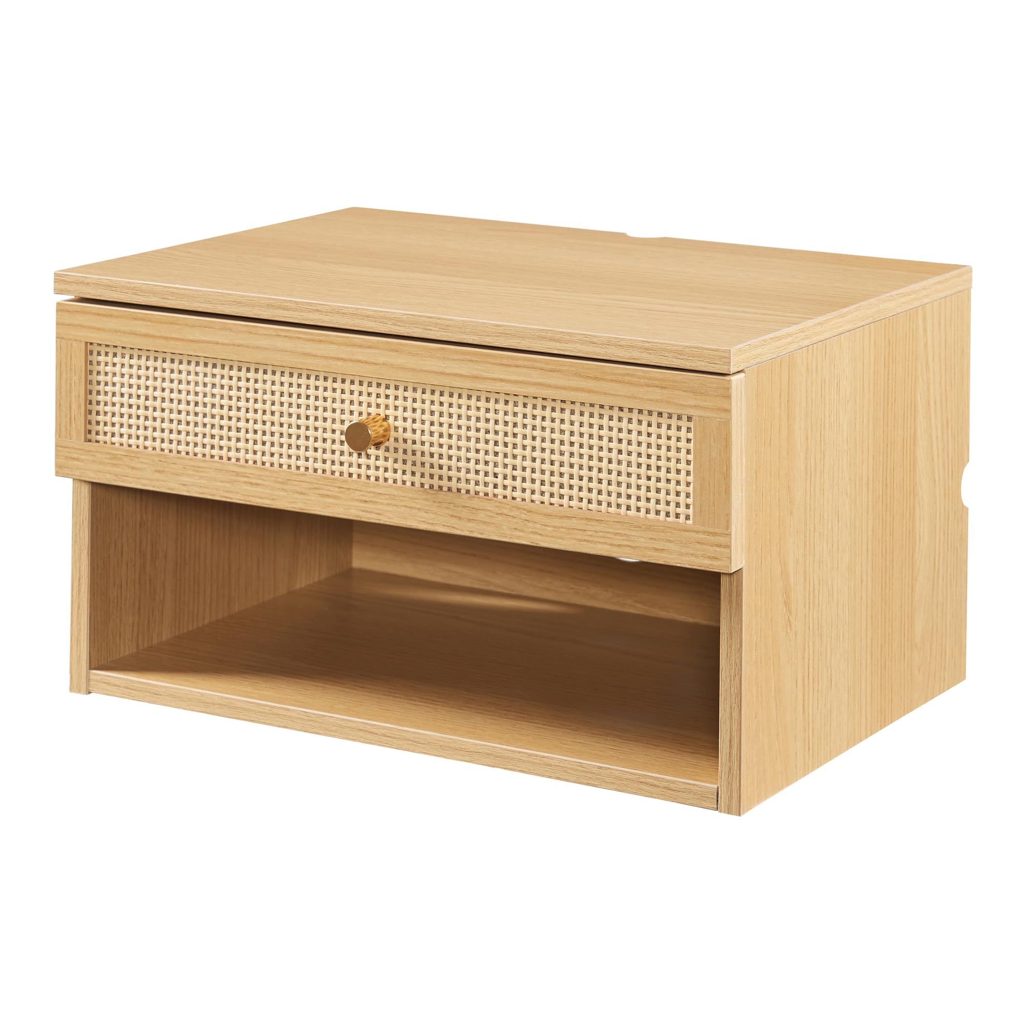 [en.casa] Comodino da Parete con Cassetto e Scomparto Aperto Consolle a Muro con Foro Passacavi Mobiletto Sospeso da Ingresso Soggiorno 40x32x23 cm Effetto Rovere/Rattan