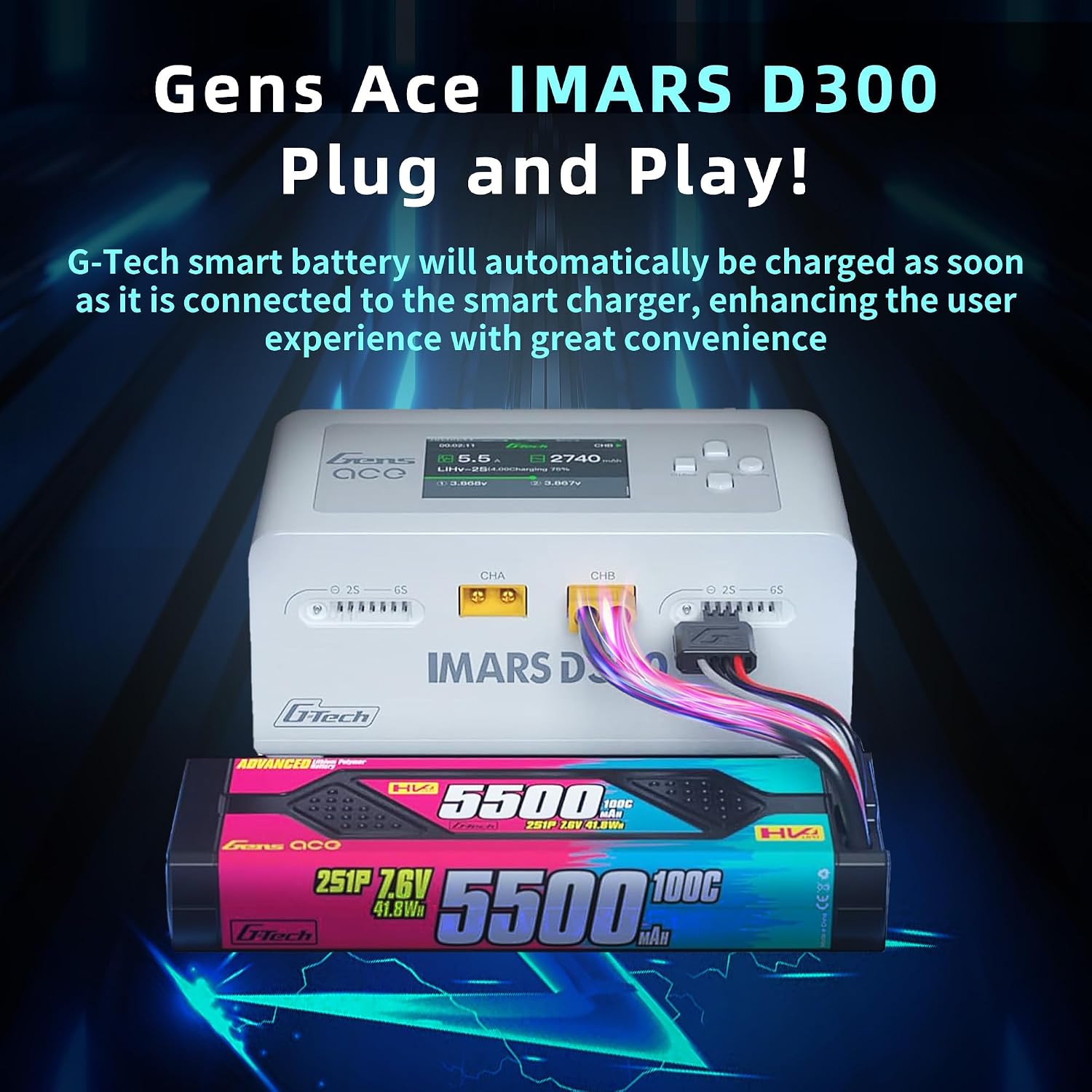 Gens Ace IMARS D300 with connected battery