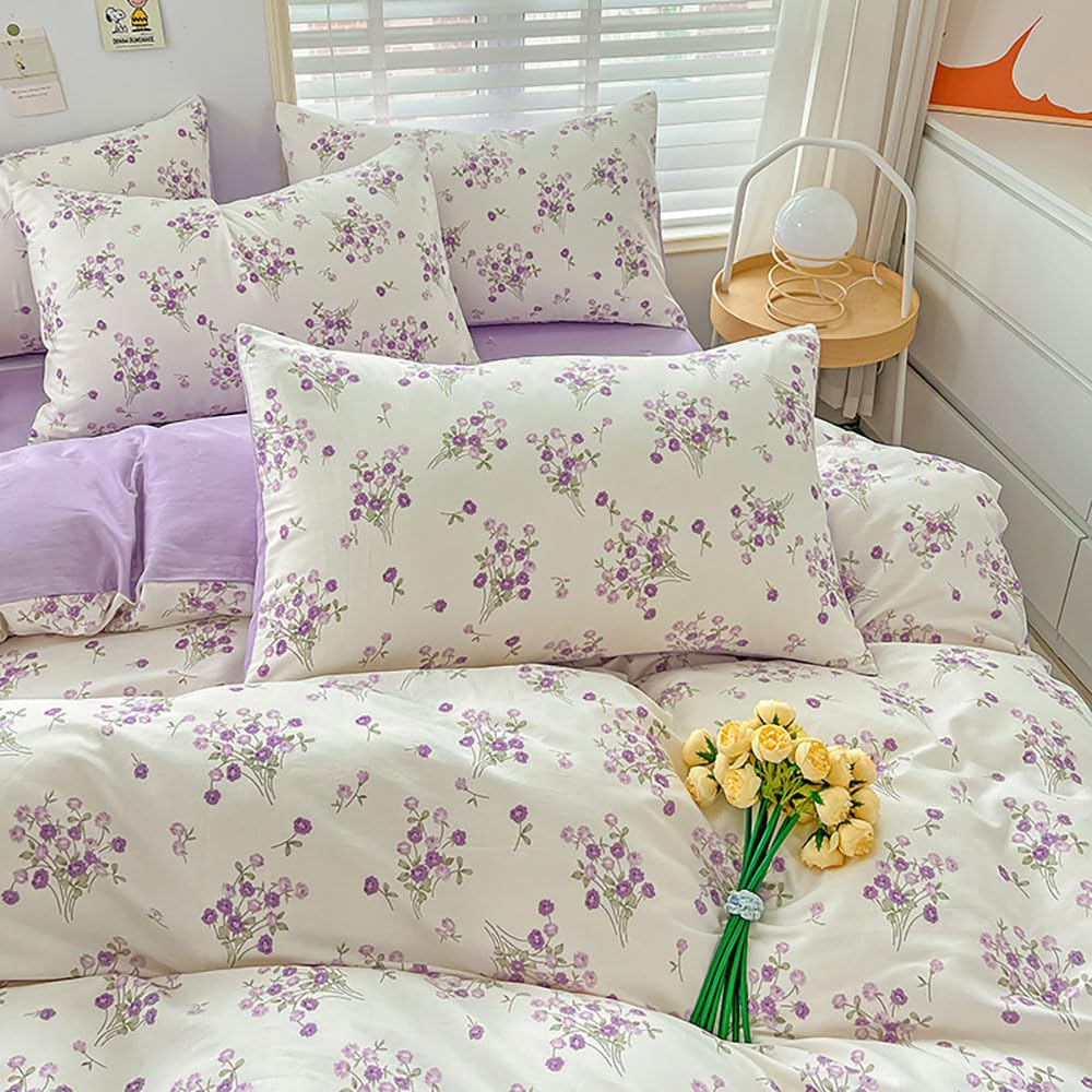 Covebett King Bed Duvet Cover Sets White Purple Flowers Floral Print Reversible Microfibre Bedding Set 3pcs Botanical Aesthetic Quilt Cover 220x230 with Zipper Closure and 2 Pillowcase 50x75 cm โ image 1