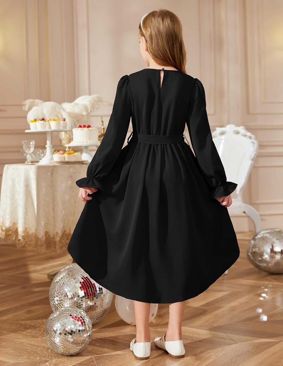 Arshiner Girls Long Sleeve Dress Fashion High Low Flowy Swing Semi Formal Party Dresses with Belt - Image 4