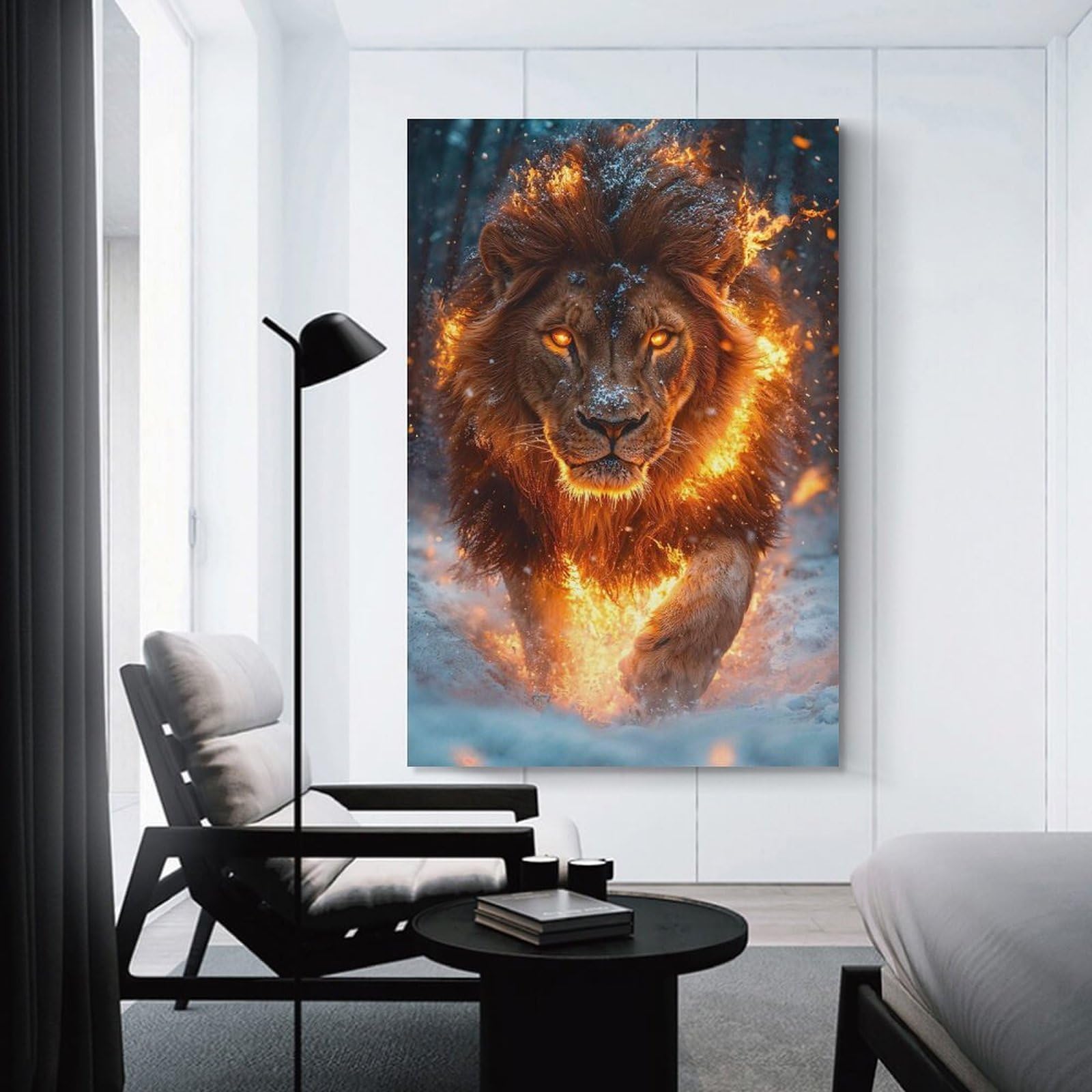 Junmoney Fiery Lion in Winter Decorative Wall Artwork, 16x24inch(40x60cm), for New Homes, Bedrooms Or Workspaces, Gift Idea for Housewarming And Birthdays