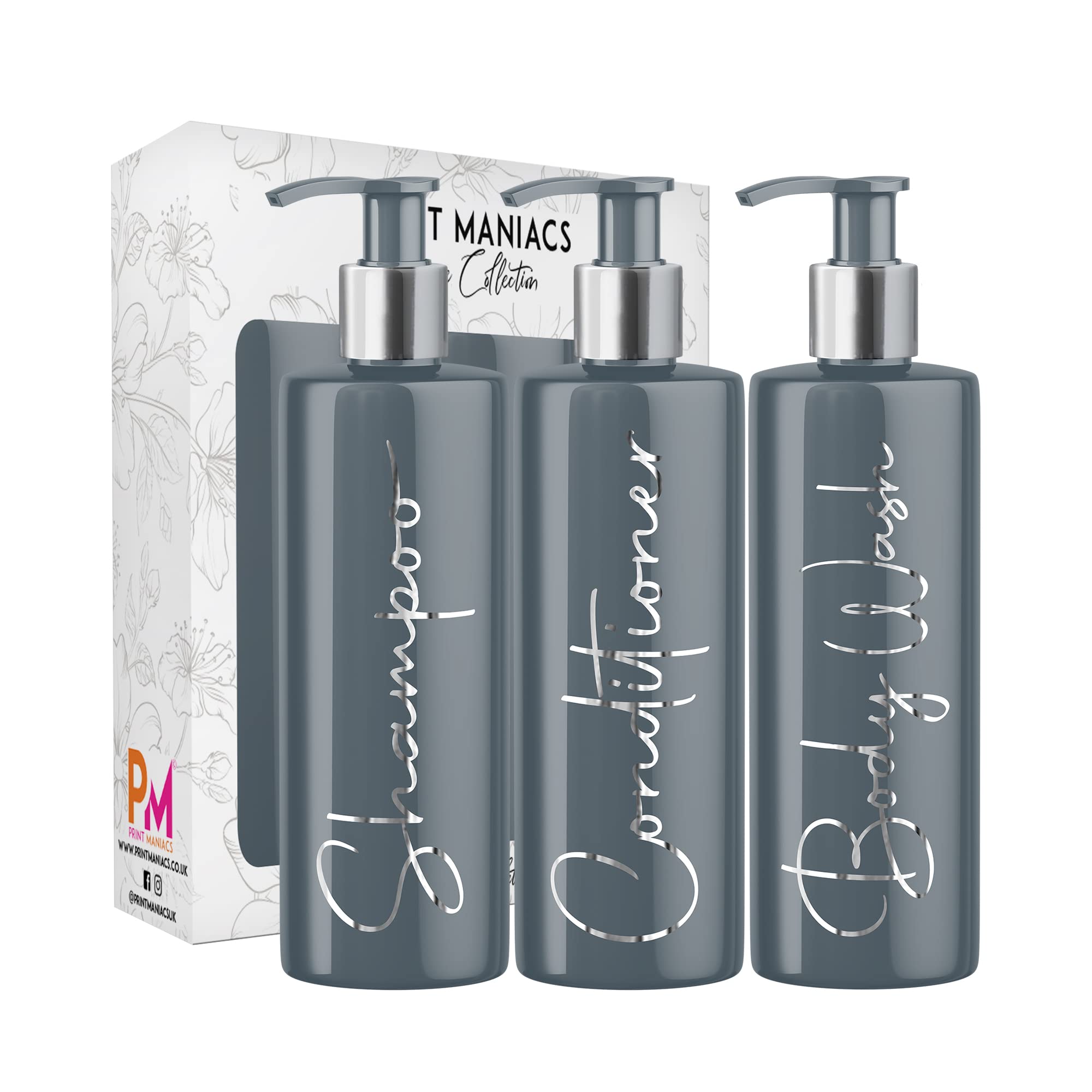 Print Maniacs Grey Mrs Hinch Inspired Personalised 500ml Pump Bottles Bathroom Lotion Kitchen Set Shampoo Conditioner Body Wash F2 (Silver, Set of 3)