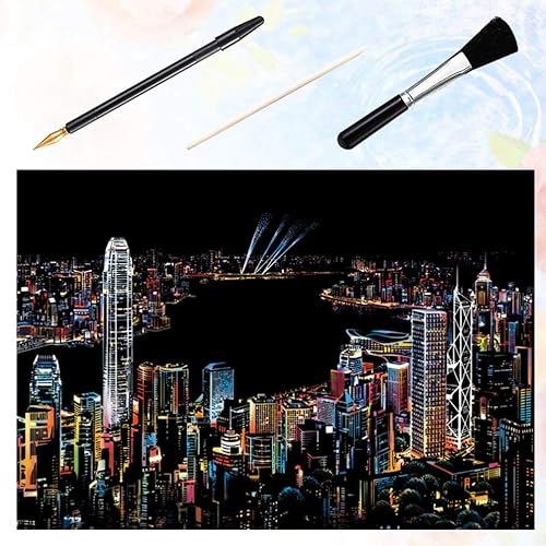 Miniatura 5 de EXCEART Juego de 4 piezas de arte para rascar, vista nocturna, rascador de bricolaje para rascar, kits de manualidades para rascar, materiales de