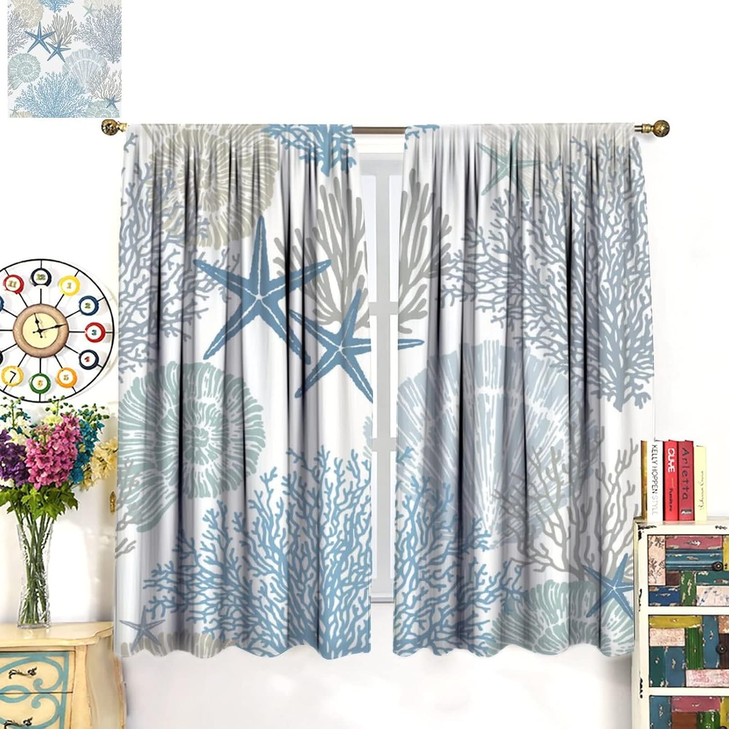 Abstract Nautical Coastal Blackout Curtains,Watercolor Beach Ocean Theme Starfish Seashell Coral Window Curtains Rod Pocket Thermal Insulated Room Darkening Blackout Curtains 2 Panels 63L x 36W