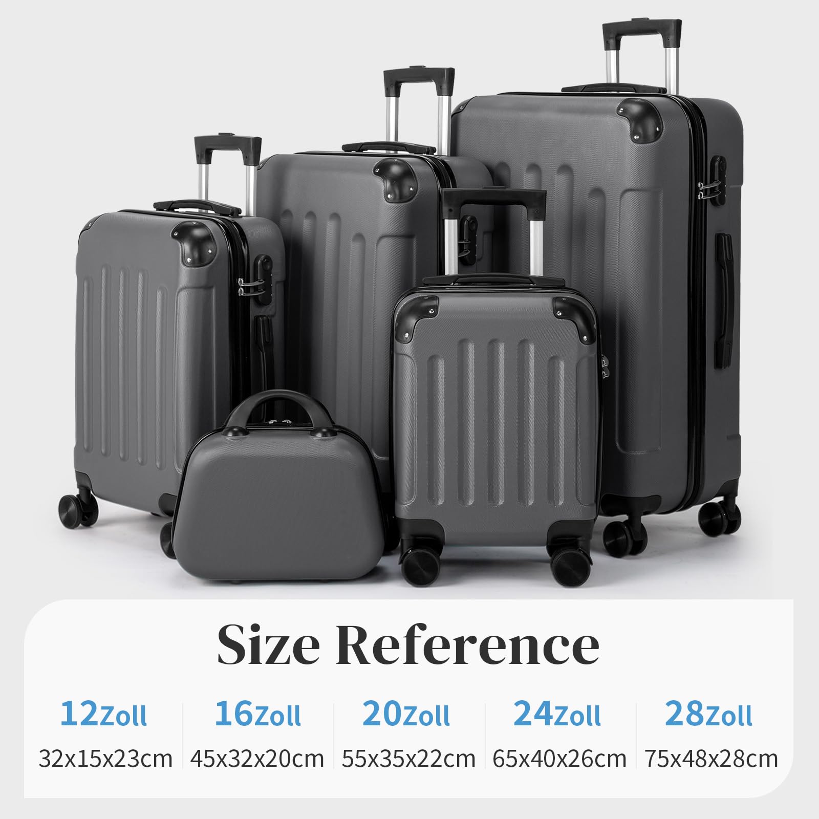LEADZM Koffer Set 5 teilig Hartschale mit Kosmetikkoffer, Kofferset mit verstärkten Ecken, Reisekoffer mit Rollen Groß, Handgepäck, Hartschalenkoffer Set aus ABS, Koffer & Trolleys (Dunkelgrau)
