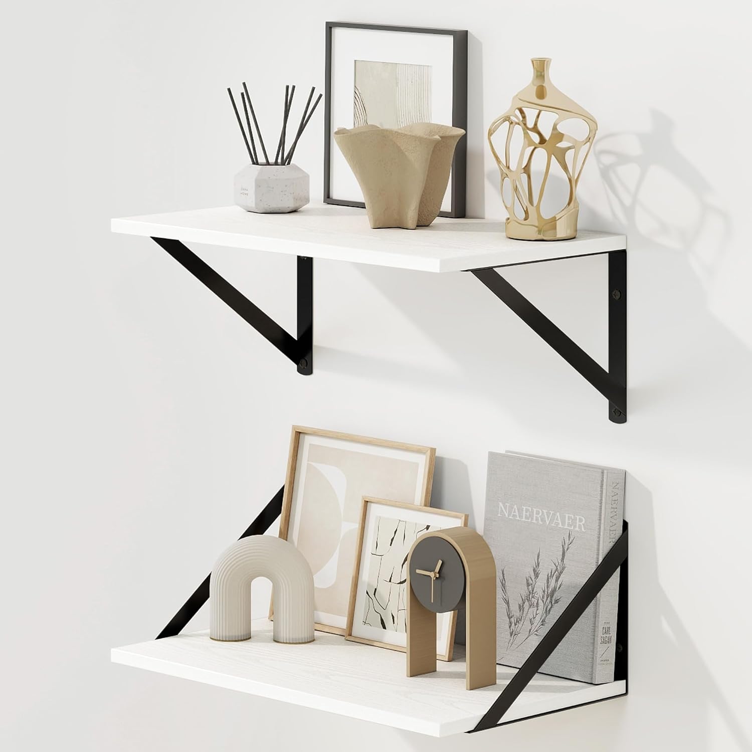 Fun Memories Deep Floating Shelves for Wall, 16W x 8D Wall Mounted Shelves Set of 2, Wide Display Ledge Shelf with Sturdy Metal Brackets for Living Room, Bathroom, Bedroom and Kitchen, White