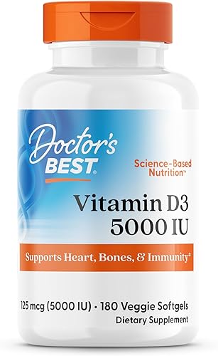 Doctors Best Vitamin D3 5000 IU, Supports Heart, Bones, & Immunity, Non-GMO, Gluten Free, Soy Free, Vegetarian 180 Veggie Softgels