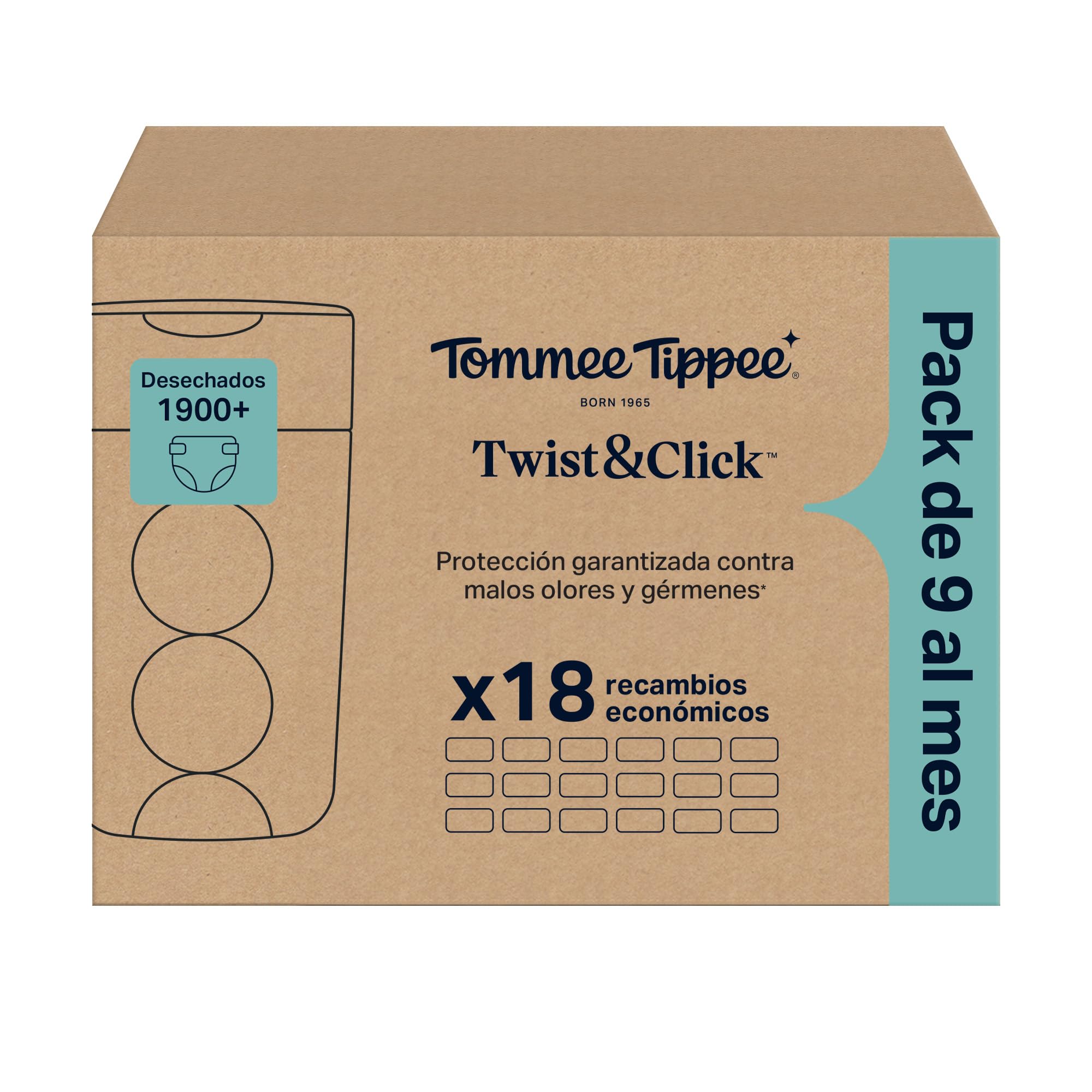 Tommee Tippee Bolsas de recambios para contenedor de pañales Twist & Click, Pack de 18 láminas multicapas antibacterianas* de 10,5 m para recambios Twist & Click, 18 x 10,5 m