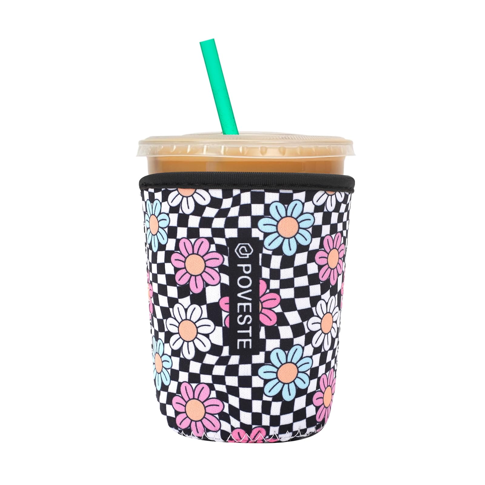 Reusable Neoprene Insulator Sleeve for Iced Coffee &amp; Cold Soda, Coffee Sleeves for Iced &amp; Hot Drinks, Cold Beverage Cooler Compatible with Starbucks, Dunkin (Checkerboard&amp;Daisy, Small: 16-18oz)