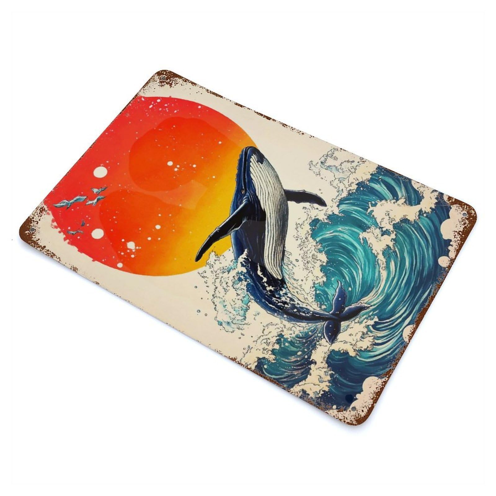Whale Ocean Waves Sunset Decorative Tin Sign 11.8"x7.9", Ideal for Garage, Bar And Workshop Decor