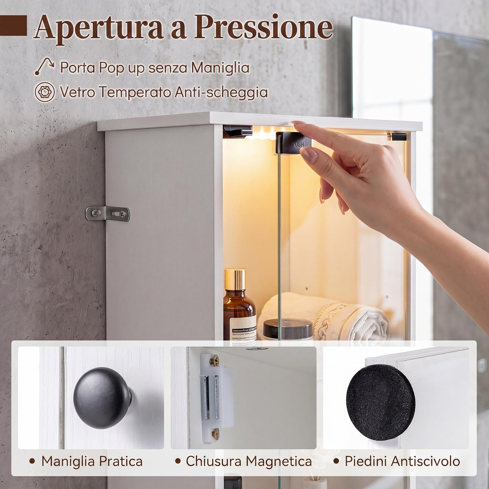 COSTWAY Mobile Alto da Bagno, Mobiletto a Colonna Stretto con Luci LED e Telecomando, Ante in Vetro e Mensole Regolabili, Armadio Salvaspazio a Terra per Soggiorno, 30 x 30 x 170 cm (Bianco)