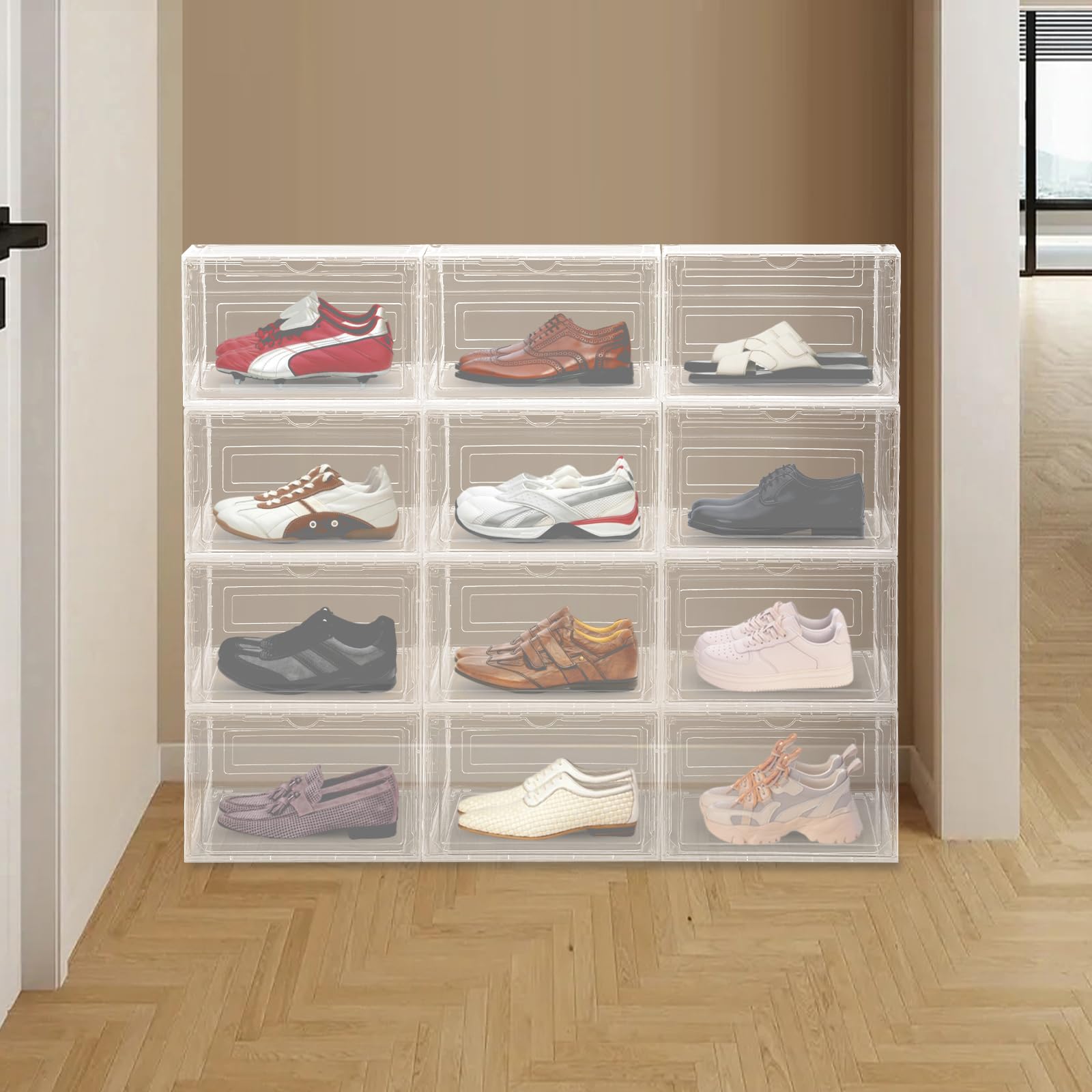 Juego de 12 cajas de zapatos apilables, transparentes, polipropileno y acrílico, ahorran espacio, fáciles de limpiar, ideales para zapatillas deportivas, zapatos, almacenamiento