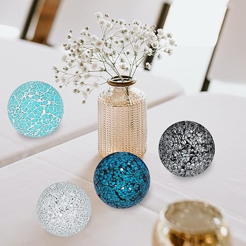 Miniatura 4 de Juego de 3 bolas decorativas de mosaico de vidrio de 3.15 pulgadas de diámetro para cuencos, jarrones y centros de mesa de comedor (blanco plateado)