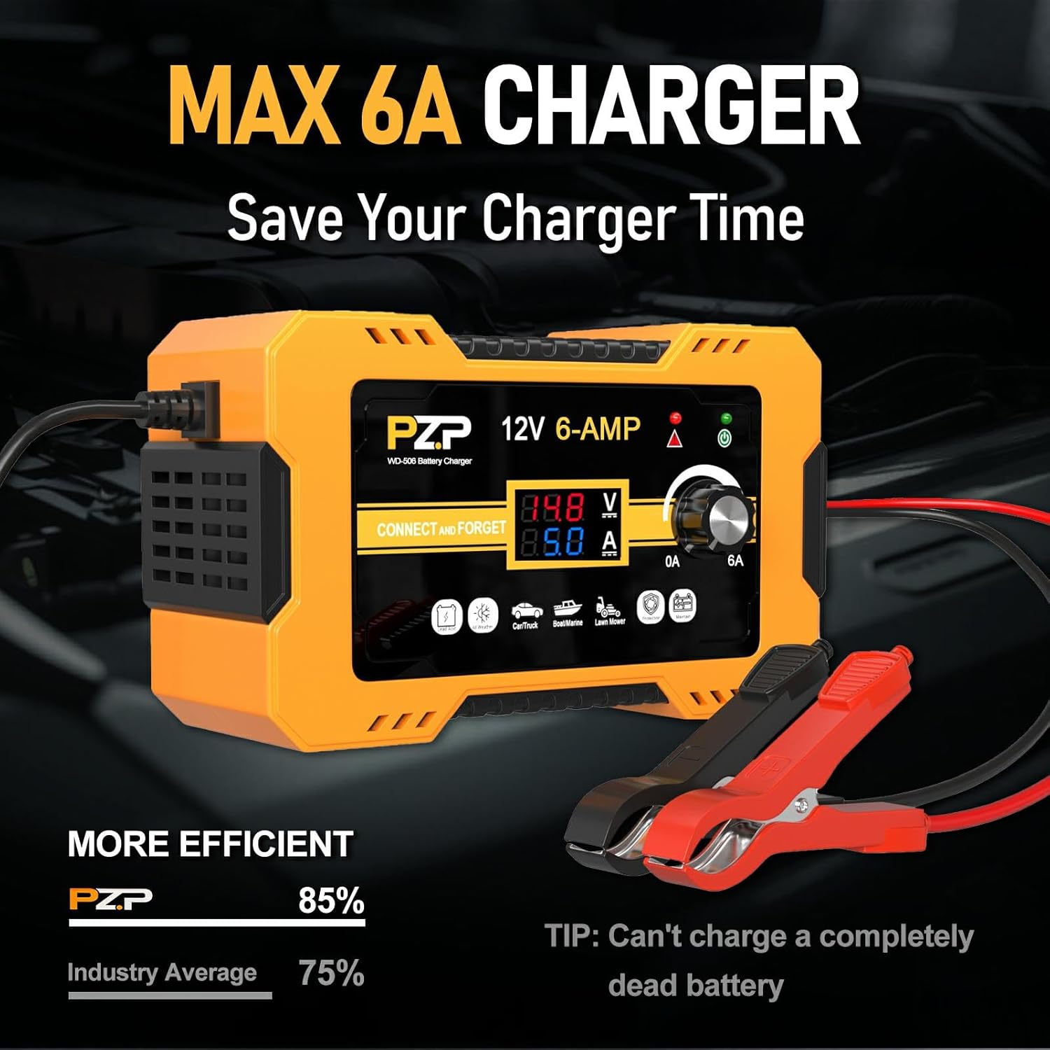 12V Automatic Car Battery Charger, 0-6A Arbitrarily Adjustable Smart Trickle Charger, Auto Desulfator with Battery Repair, Battery Maintainer with Winter Mode for AGM, Gel, Deep Cycle, Lead-Acid