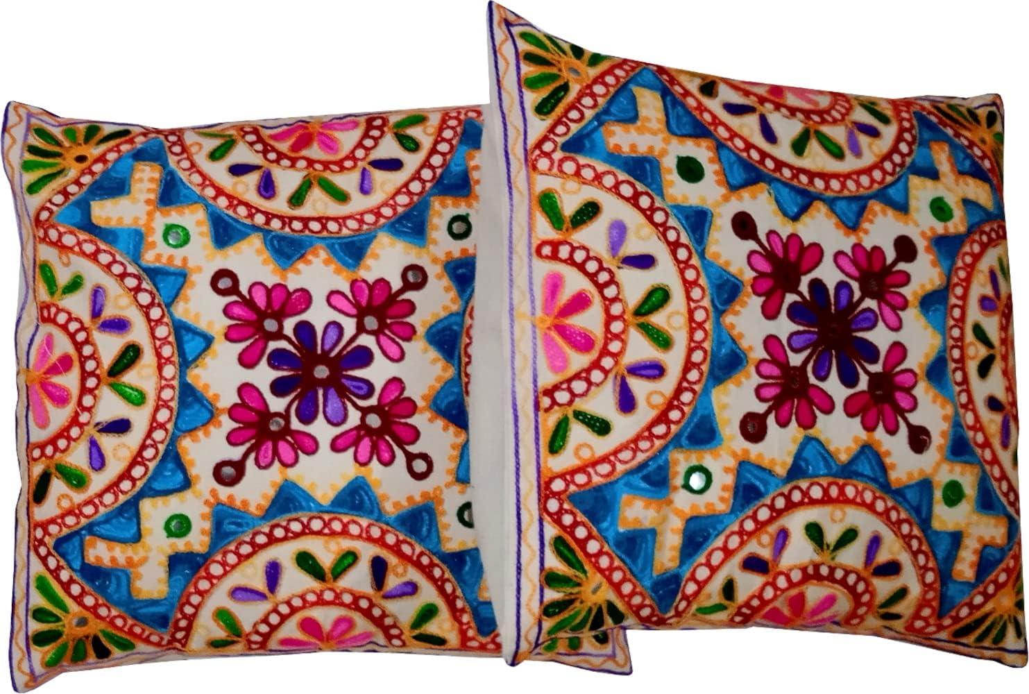 Purpledip Cotton Throw Pillow Cushion Covers 'Fireworks': Ethnic Design Embroidery, Set of 2, 16 Inches (12445H)