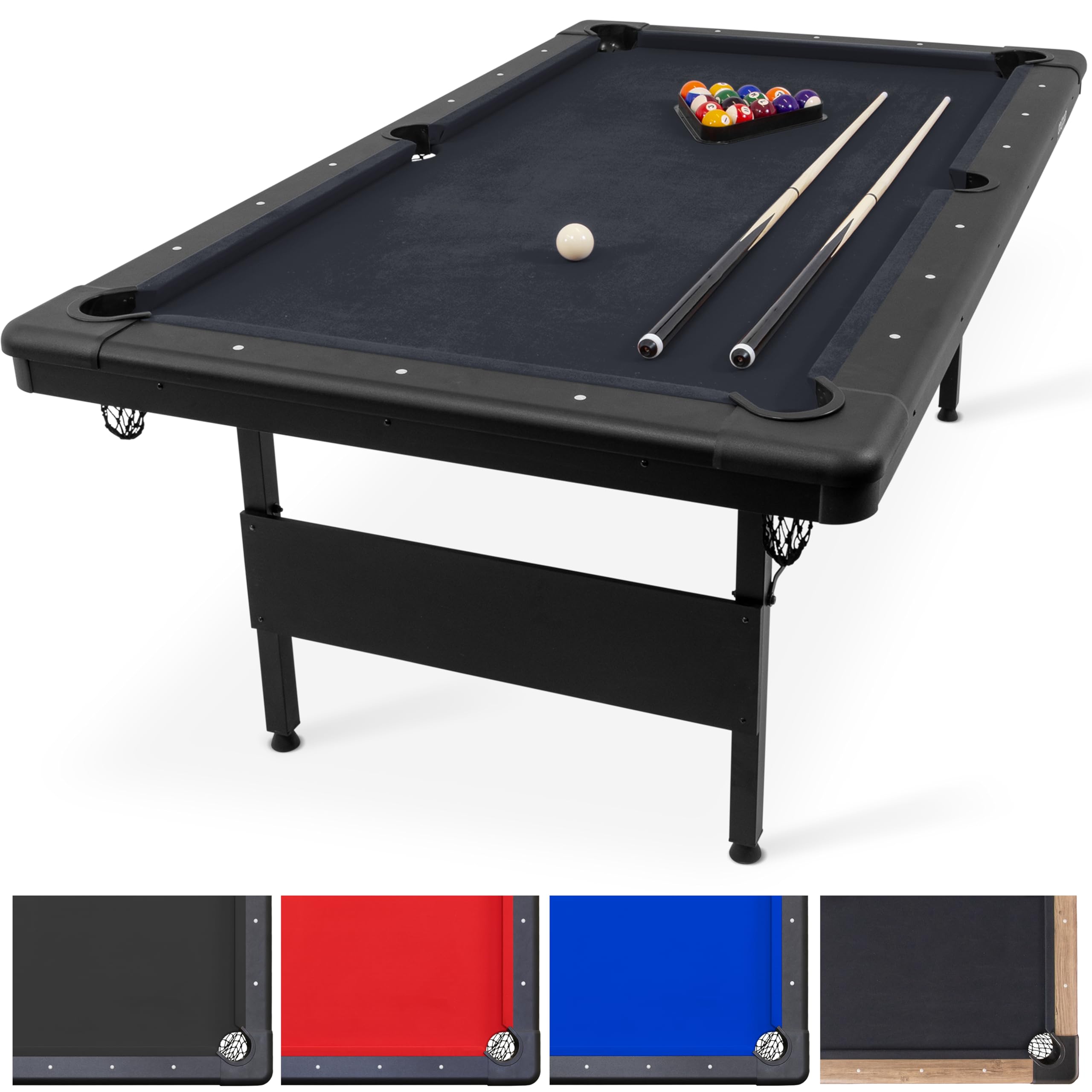 GoSports 7 ft Billiards Table - Portable Pool Table - Includes Full Set of Balls, 2 Cue Sticks, Chalk, and Felt Brush - BLACK
