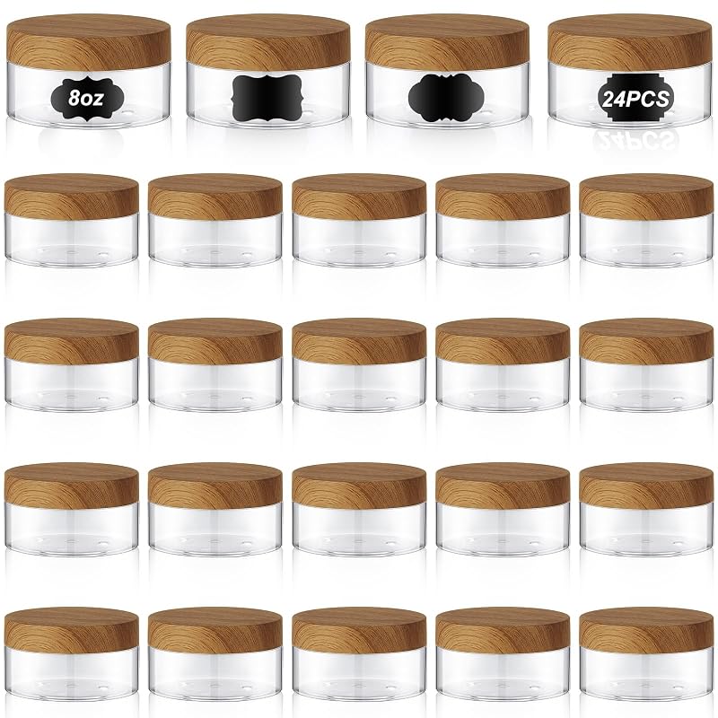 Dandat Frascos Cosméticos Redondos Transparentes de PET com Tampas em Padrão de Madeira Escura e Etiquetas, Pacote com 24