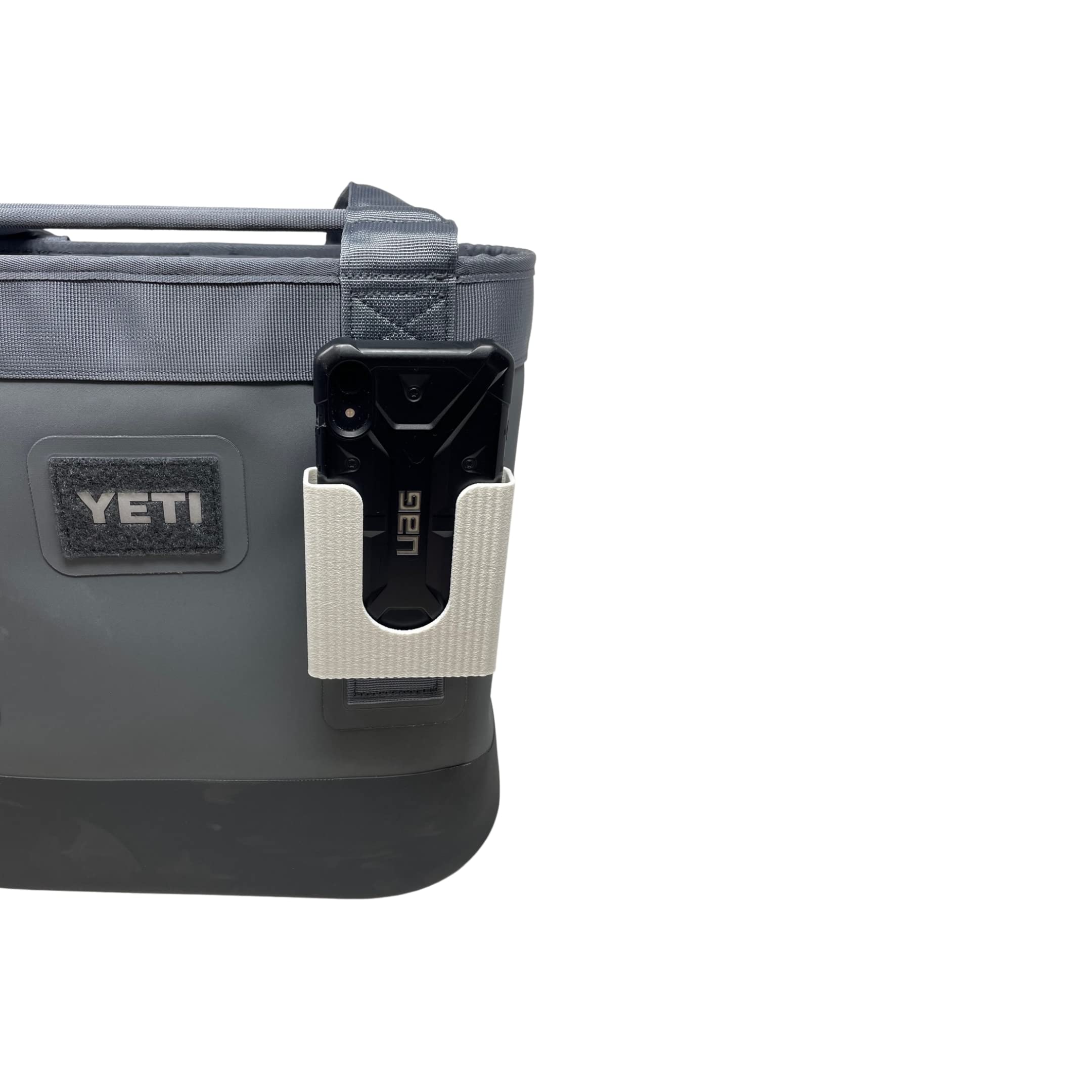 BogletsWhite Phone Holder Attachment Compatible with Soft Yeti Coolers & Backpacks with Straps - Accessorize Your Cooler or Backpack & Securely Hold Your Phone - Made in USA! (White)
