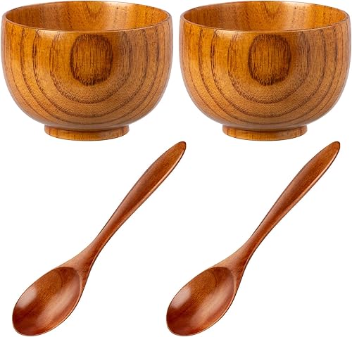 NUOMI Juego de 2 cuencos de madera para alimentos, pequeños cuencos de madera con cucharas de madera para postre aperitivos, sopa, juego de vajilla