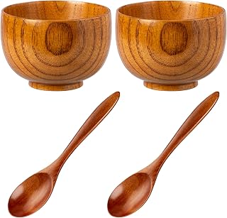 NUOMI 2 Sets Wooden Bowls for Food, Small Wood Bowls with Wood Spoons for Dessert Snacks Soup Tableware Set