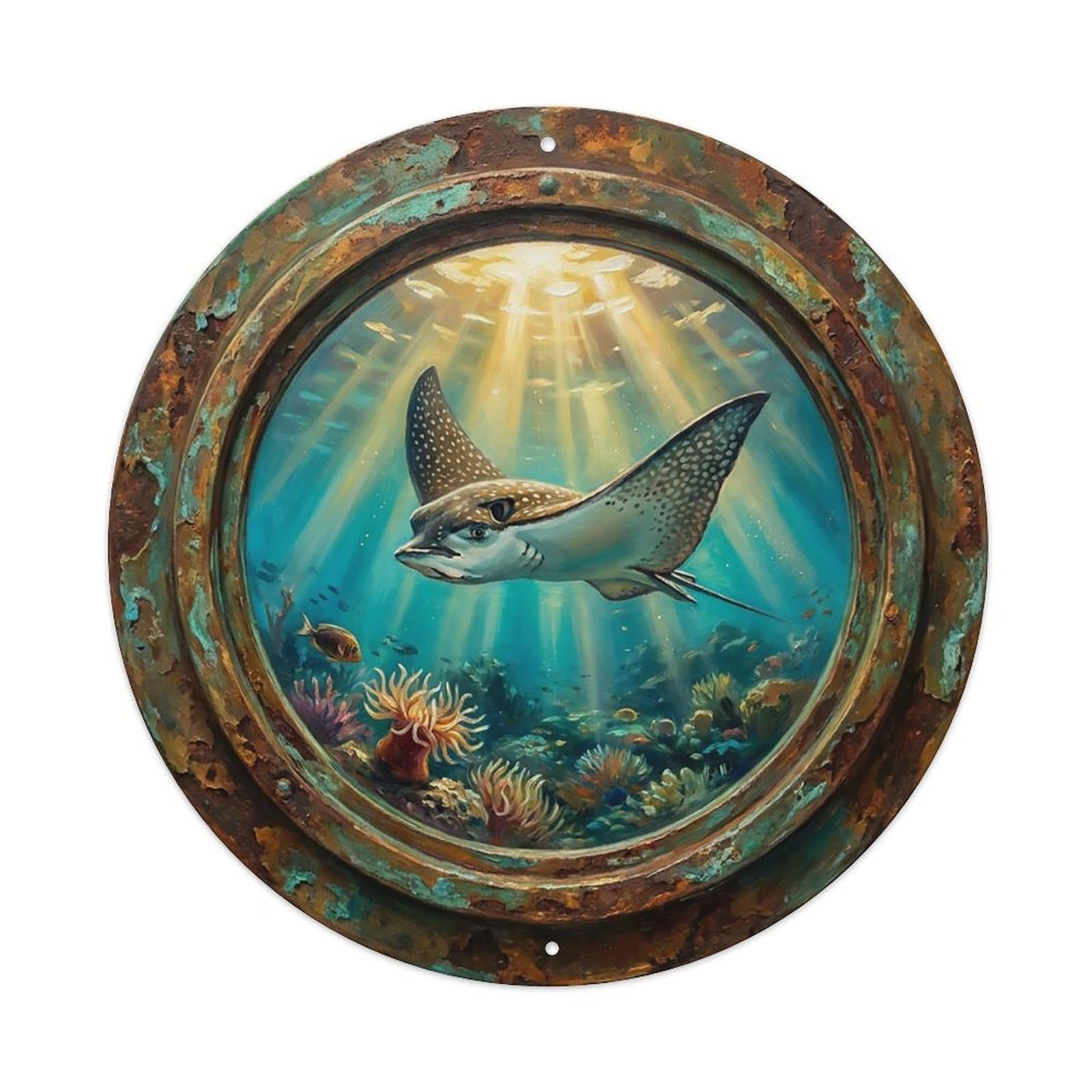 Vintage Porthole Eagle Ray Soaring Ship Window Undersea Deep Sea Metal Tin Sign