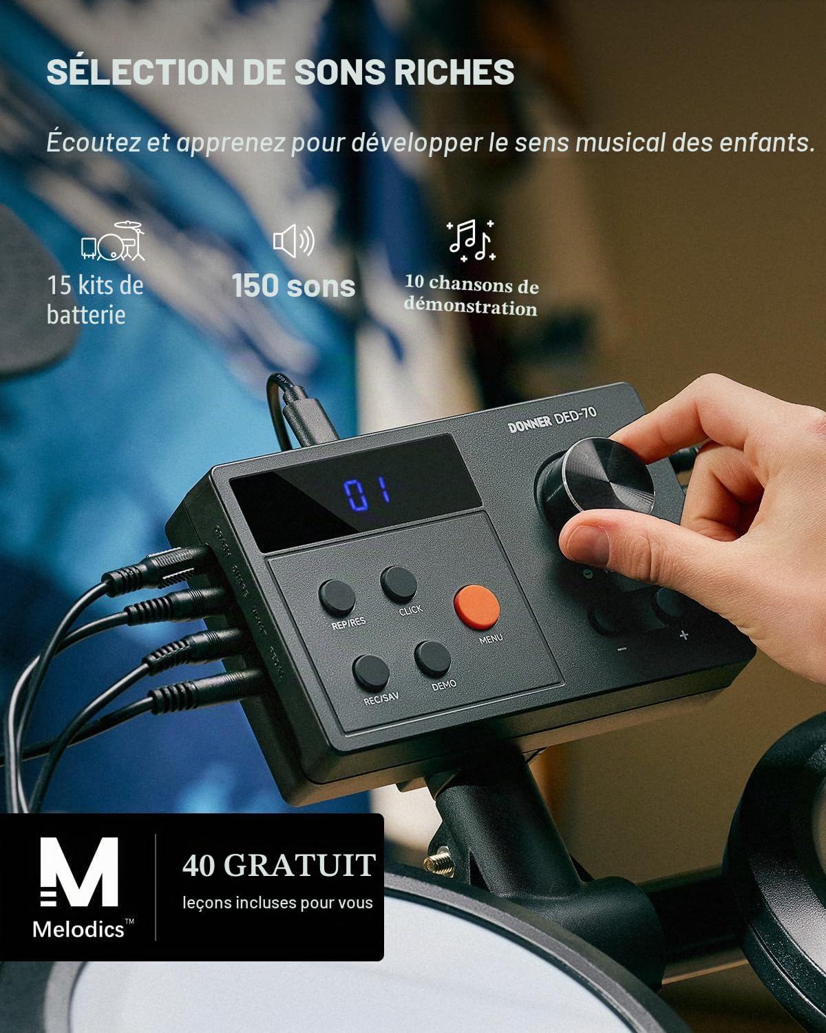 Donner DED-70 Kit de batterie électrique, pour débutants, avec coussinet en maille, chargeur portable, baguettes, casque de Noël, cadeau d'anniversaire pour enfants