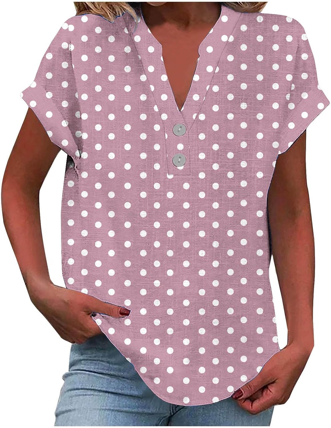 Womens Summer Tops Short Sleeve Shirts Loose Shirts Cotton Linen Work Blouses Henley V Neck Polk Dot Print Clothes
