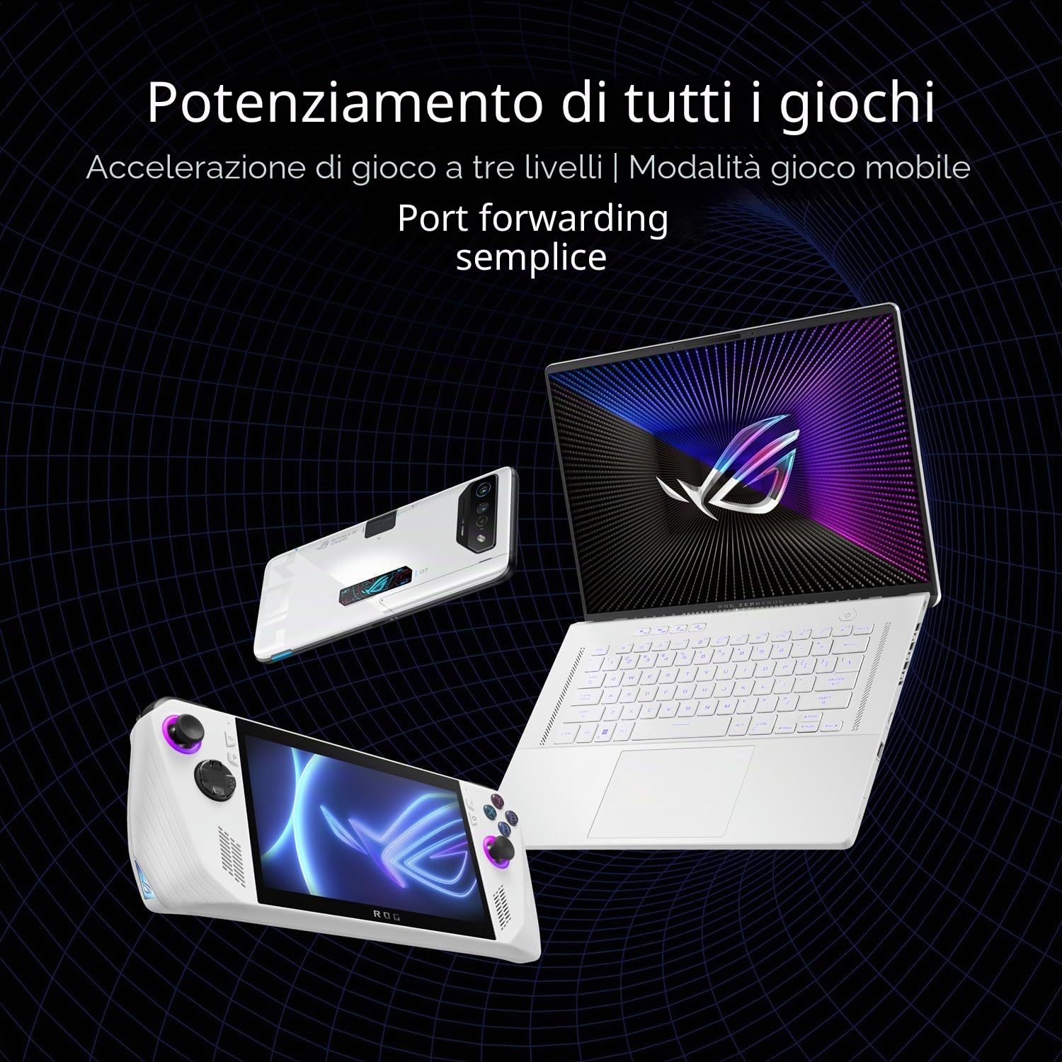 ASUS ROG Rapture GT-BE98 WiFi 7 Router, quad-band, banda 320 MHz, 4096-QAM, funzionamento multi-link, doppia porta 10G, WAN di backup, sicurezza di rete, compatibilità AiMesh