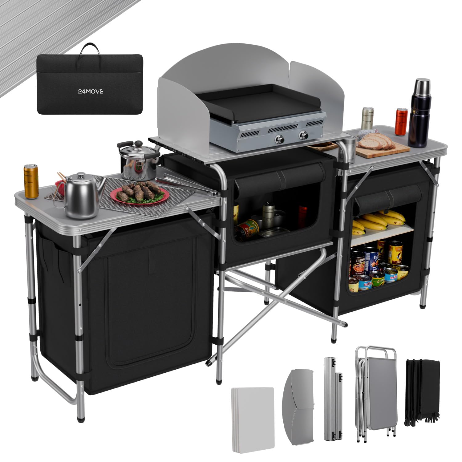 24MOVE® Campingküche faltbar, höhenverstellbarer Campingschrank Alu Reiseküche mit Arbeitsplatte und Staufächern, Outdoor Camping inkl. Tragetasche