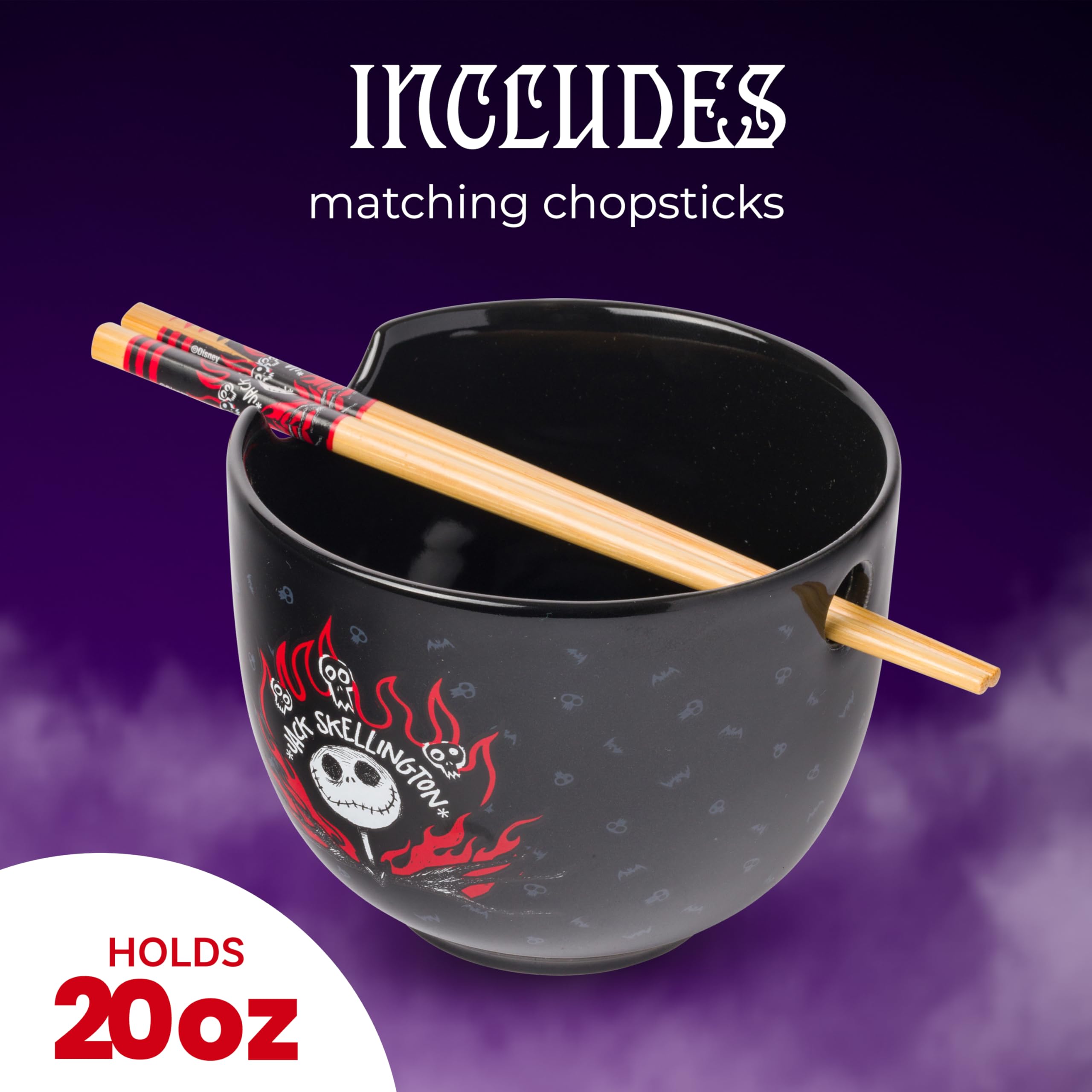 Silver Buffalo Nightmare Before Christmas Text and Flame Ceramic Ramen Bowl with Chopsticks, 20 Ounces