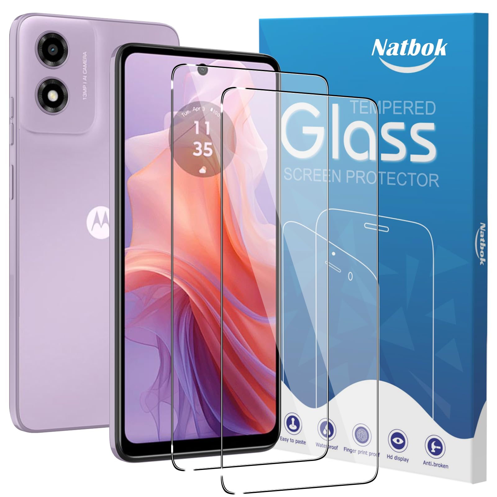 Natbok 2 Pack Tempered Glass for Motorola Moto E14 Screen Protector,9H Hardness,Ultra Resistant,Anti-Fingerprints,No Bubbles,HD-Clear,Full Coverage Phone Film for Moto E14 [Easy Install]ClimatePartner certified