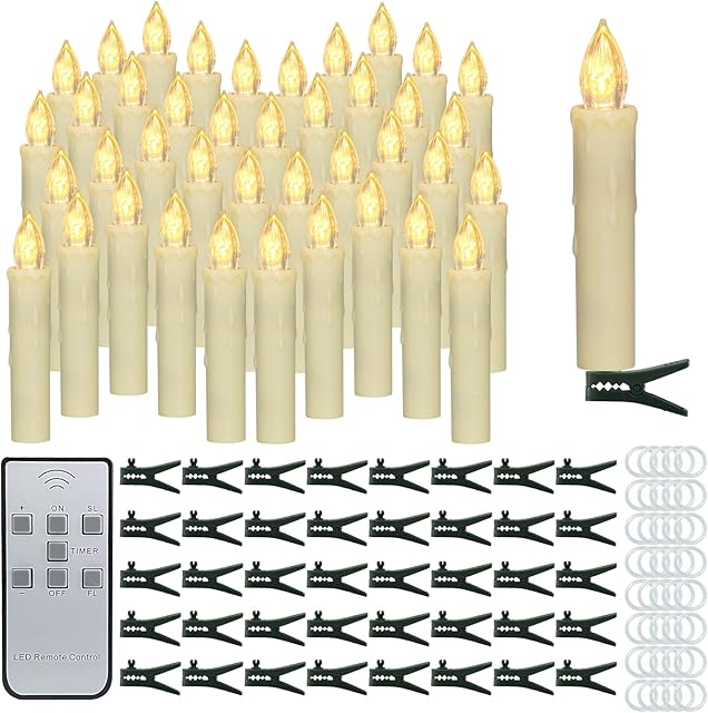 SoulBay Christmas LED Tree Candles, 40pcs LED Taper Floating Candles Battery Operated with Remote Timer / Waterproof Rings / Removable Clips for Xmas Trees Home Indoor Outdoor Decoration - Warm White