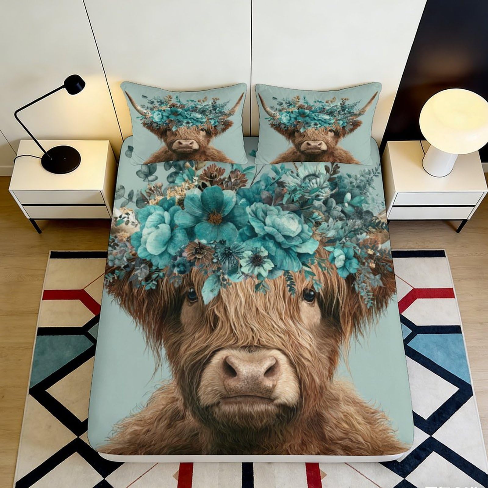3D Printed Highland Cow Floral Fitted Sheet Microfiber Soft Breathable Floral Crown Bed Cover for Bedroom Dormitory Guest Room Mattress Protection 160x200x25cm