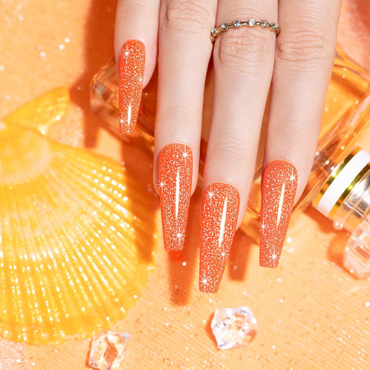 RARJSM Neon Gel Nail Polish Orange Glitter Reflective Orange Gel Polish 7.5ml 1pcs Flashlight Sparkly Shiny Disco Shimmer Nail Polish UV LED Curing Needed Soak Off Nail Art Home Diy Manicure - Image 4