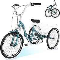 Vista 22 de H&ZT Triciclo para adultos, bicicleta de 3 ruedas, triciclo crucero, con cambio de 7 velocidades, manilla de freno de estacionamiento, paso bajo