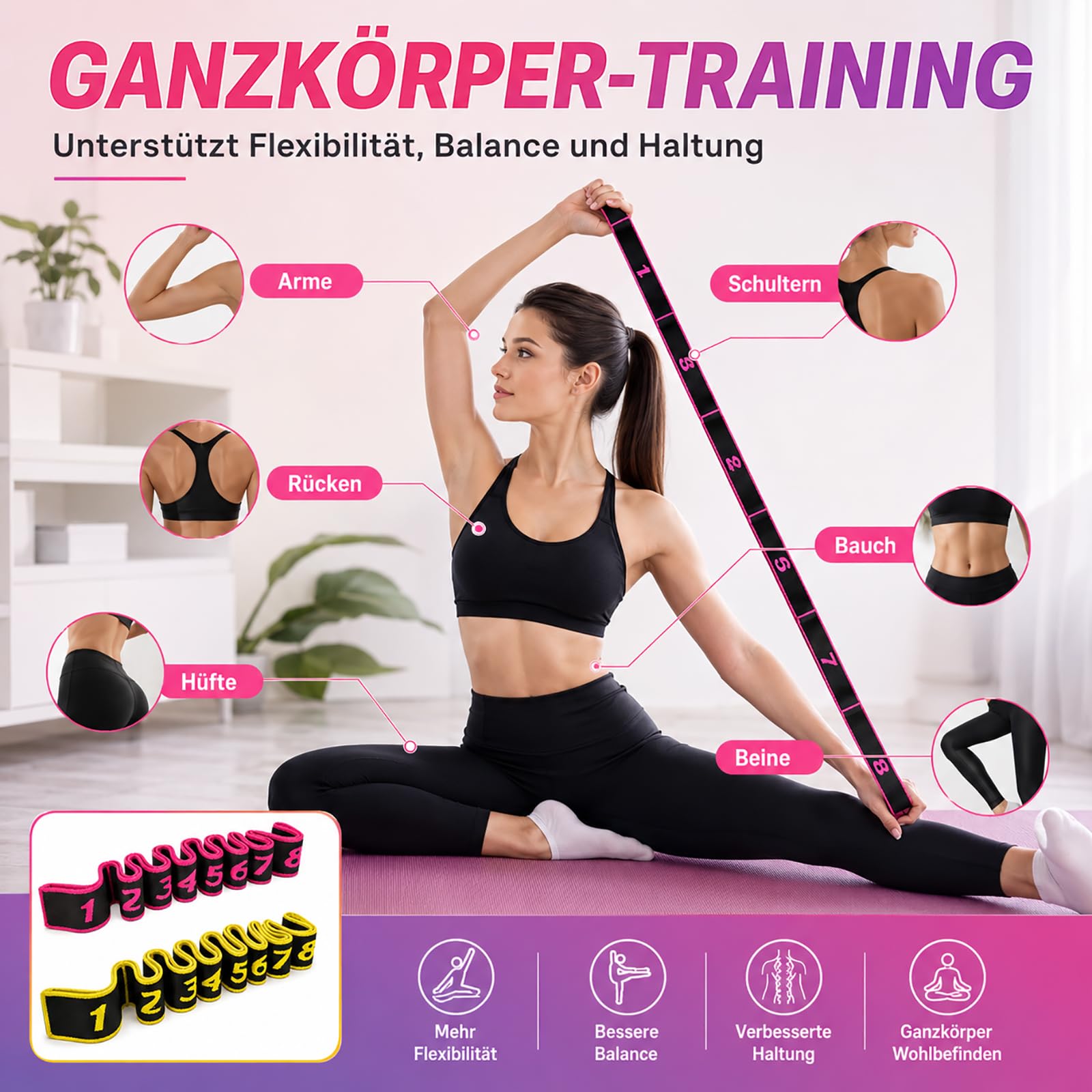2 Pezzi Fascia Elastica per Yoga, Fasce Elastiche di Resistenza, Bande di Allenamento per Ginnastica, Fascia Esercizio Regolabile con Più Anelli, per Fitness, Danza, Ginnastica (Rosa+Giallo)