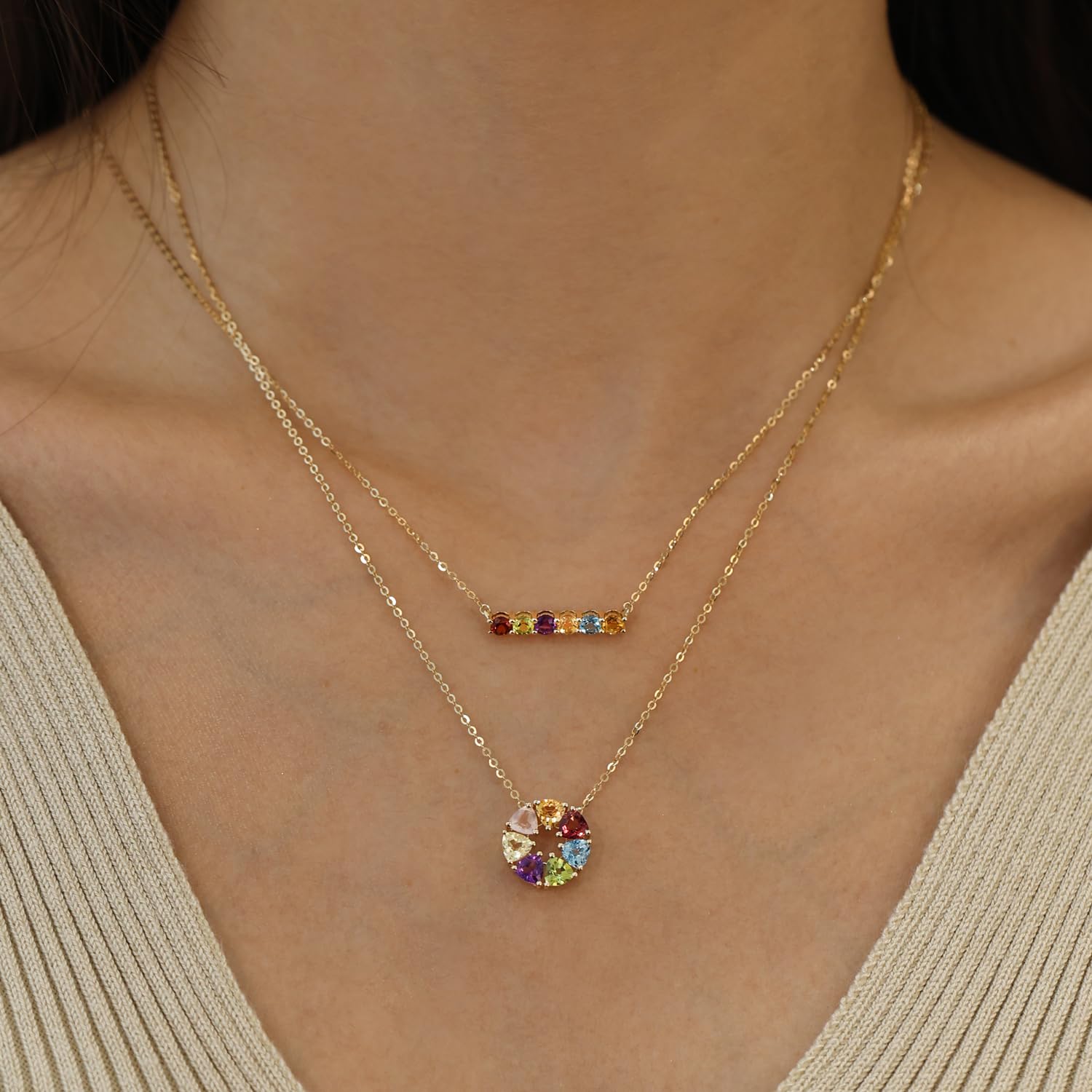 Carleen 14 Karat 585 Gold Damen Kette mit Bunt Natürlicher Edelstein Anhänger für Damen Mädchen - Anhänger Durchmesser: 12.5 mm