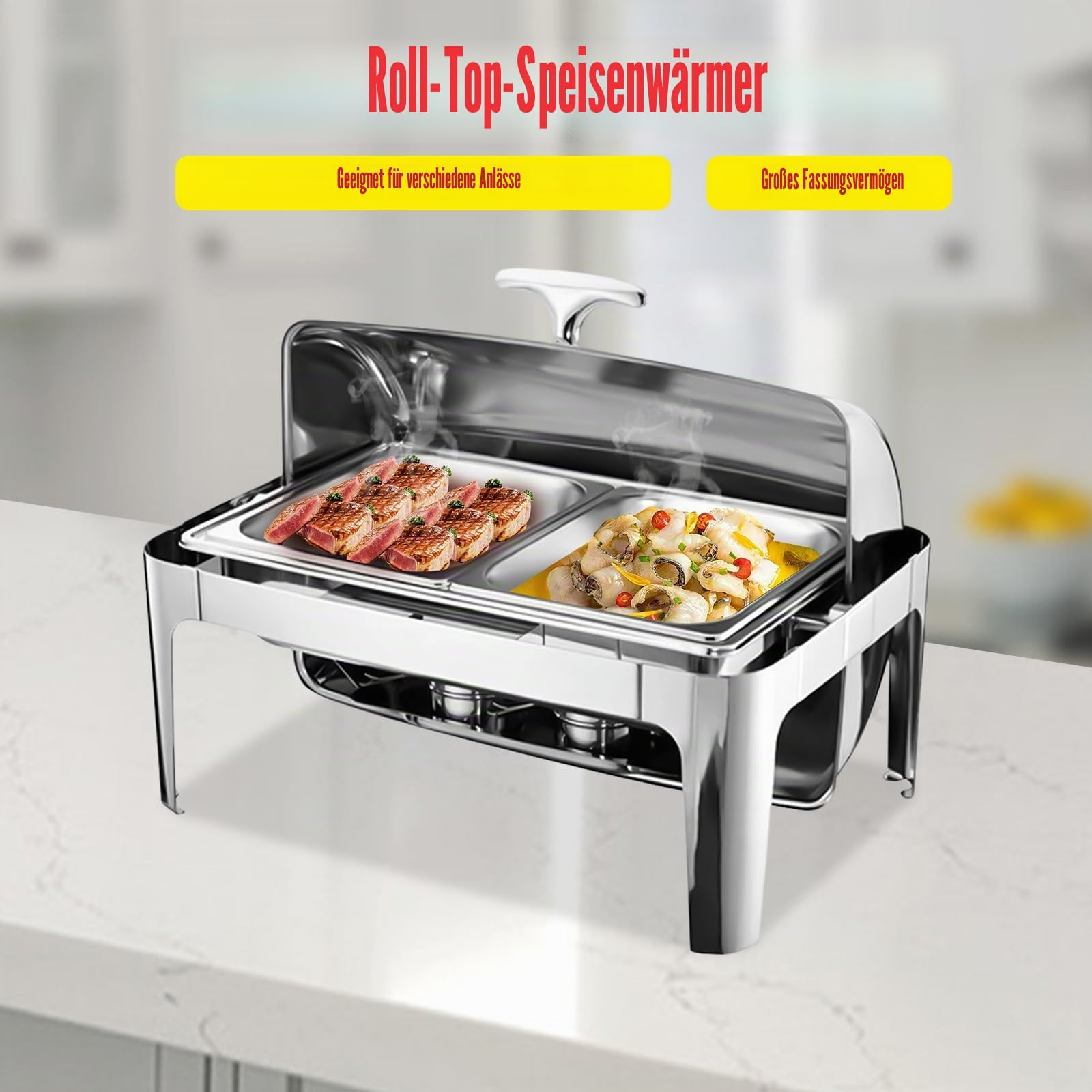 9l Edelstahl Speisenwärmer, Chafing Dish Mit Rolldeckel Speisenwärmer Warmhaltebehälter, Heizplatten Aus Rostfreiem Stahl für Catering Buffet und Party (635 X 440 X 440 mm)