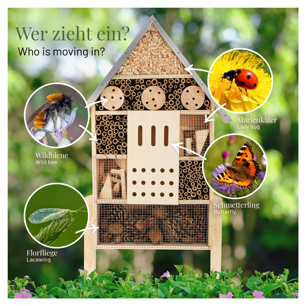 WILDLIFE HOME Insektenhotel XXL Stehend Bienenhotel mit Standfuß 79 cm & Metalldach I Groß Wildbienenhotel, Insektenhaus für Bienen, Marienkäfer & Schmetterlinge, fertiges Insektenhotel kein Bausatz