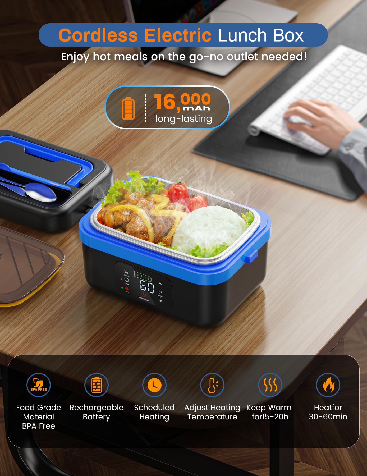 Boîte à Déjeuner électrique Sans Fil, Alimentée Par Piles, Boîte à Déjeuner Isotherme Alimentaire De 1 Litre Avec Fourchette Et Cuillère, Pochette De Transport Isotherme Pour Conducteurs De Camion