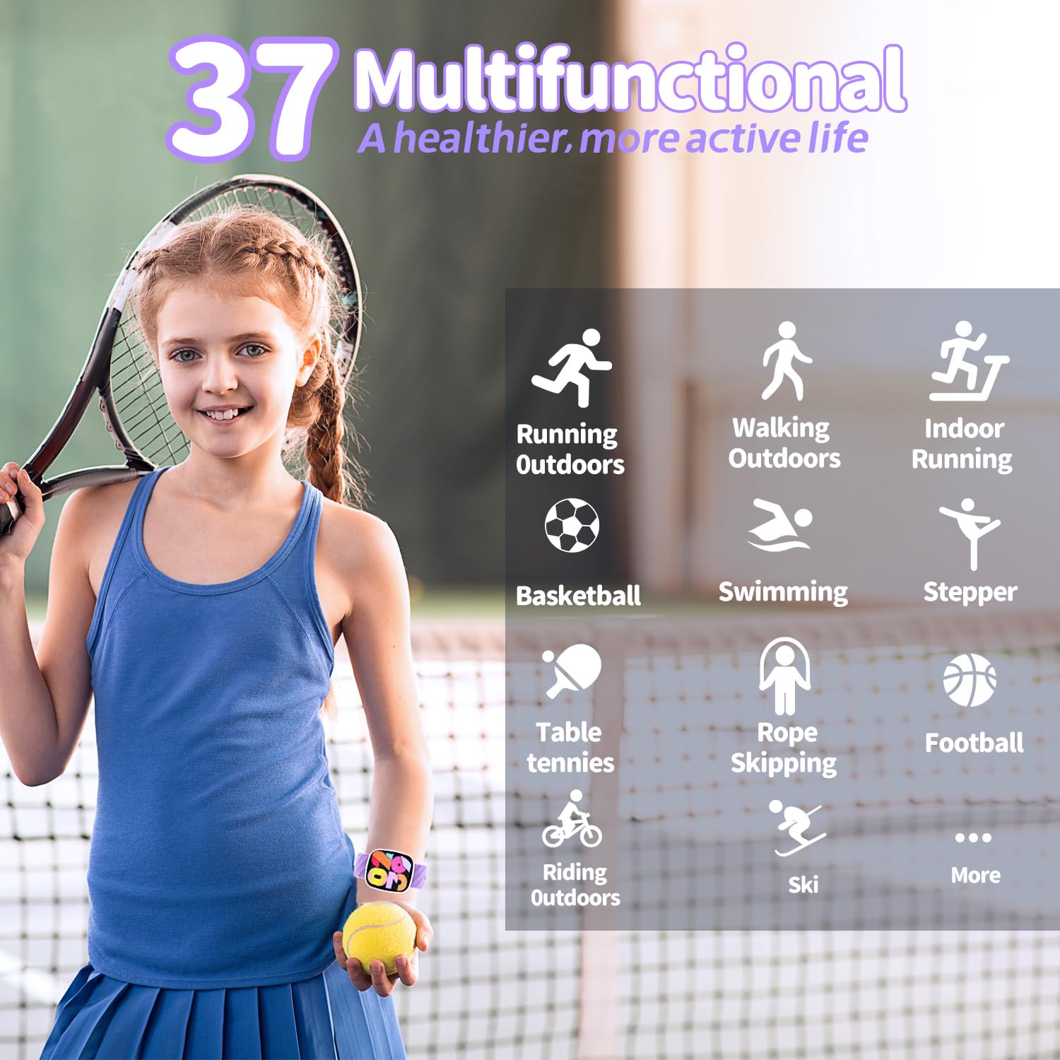 Smart Watch for Kids, Kids Fitness Tracker Watch for Boys Girls Ages 5-15, Activity Tracker, Heart Rate Sleep Monitor, IP67 Waterproof, Pedometer, Sport Modes, Puzzle Game (Purple)