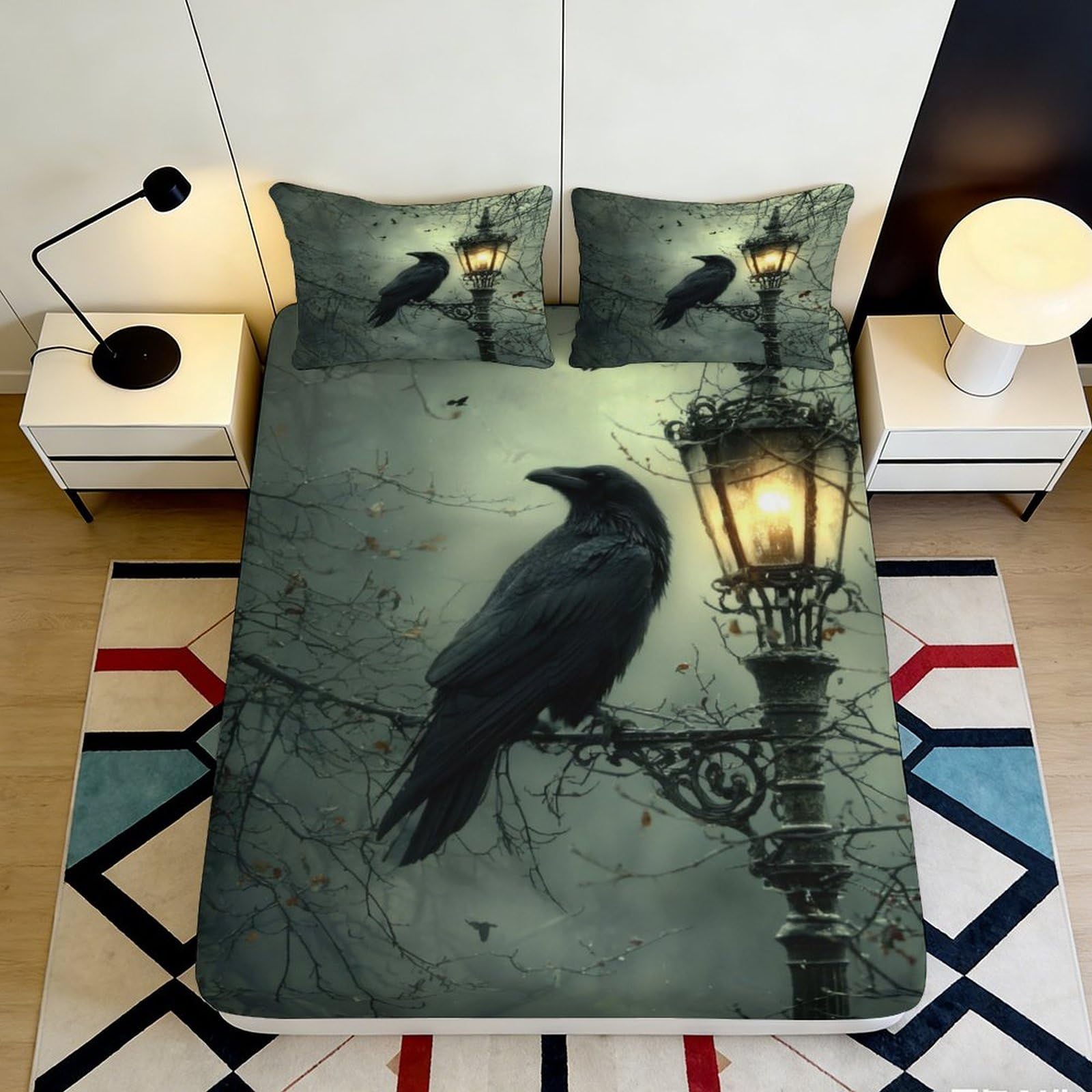 Pnayamiorkfel Style-1 3D Printed Raven Dark Forest Fitted Sheet Microfiber Soft Bedroom Decor Gothic Lamp Mattress Cover 90X200x25cm