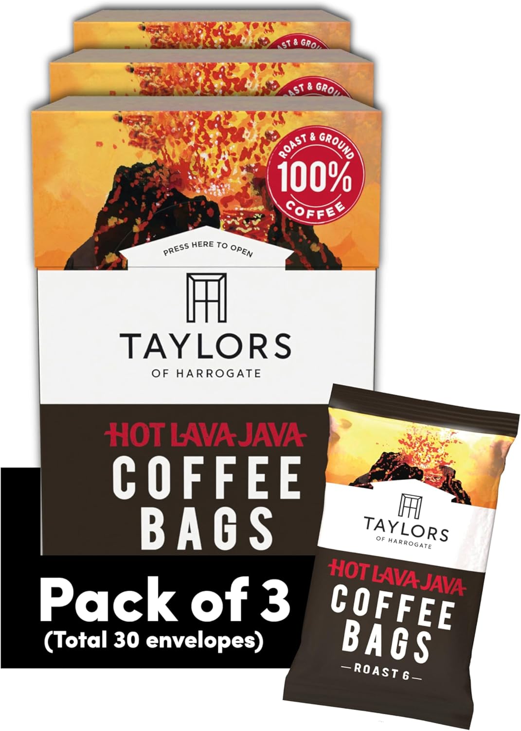 Taylors of Harrogate Hot Lava Java Coffee Bags, 3 Boxes of 10 (Total 30