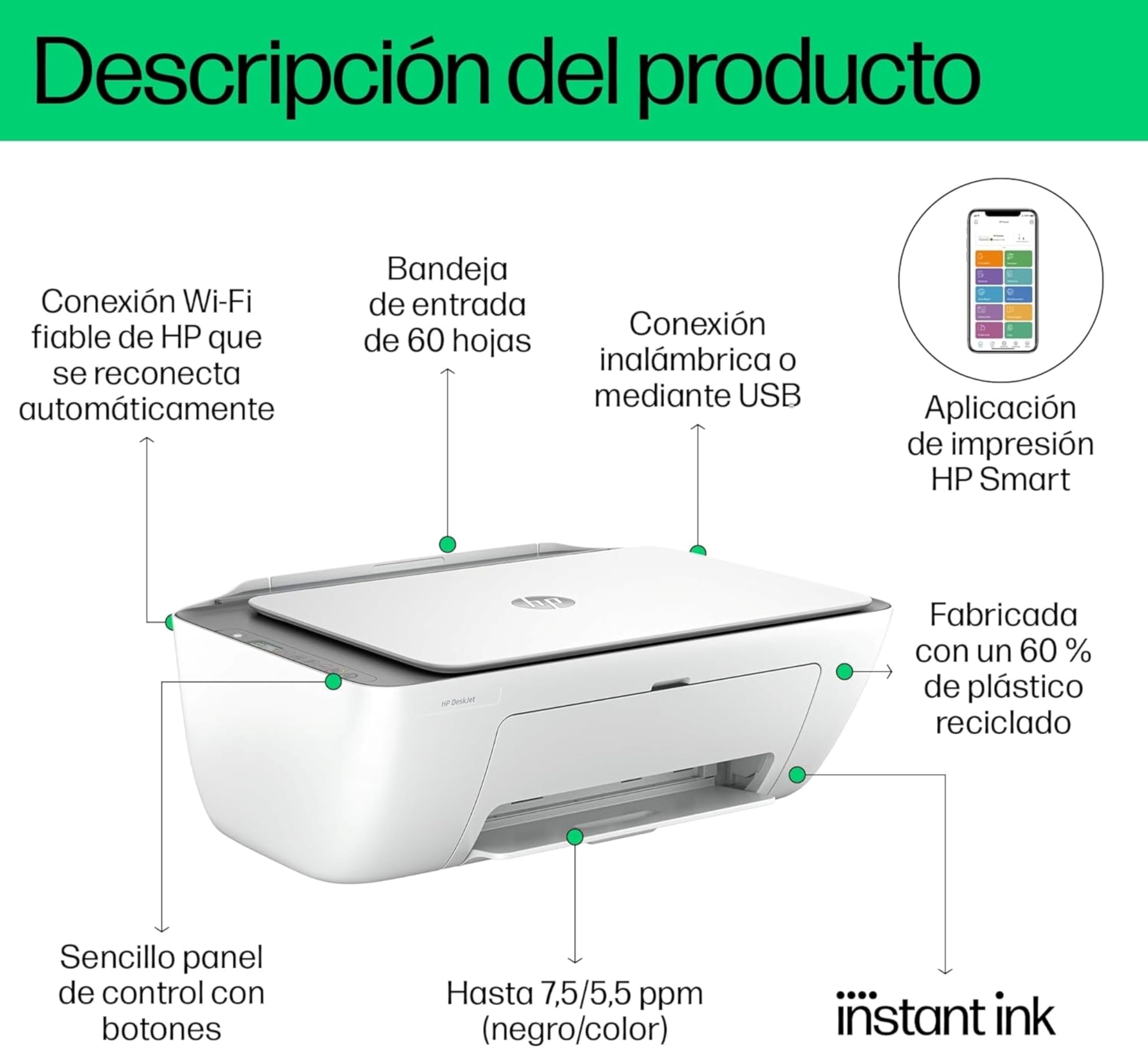 HP DeskJet 2820e Impresora Multifunción de Inyección de Tinta A4 a Color, Impresión a Doble Cara Manual, 7,5 ppm, Wi-Fi, Smart, Blanca