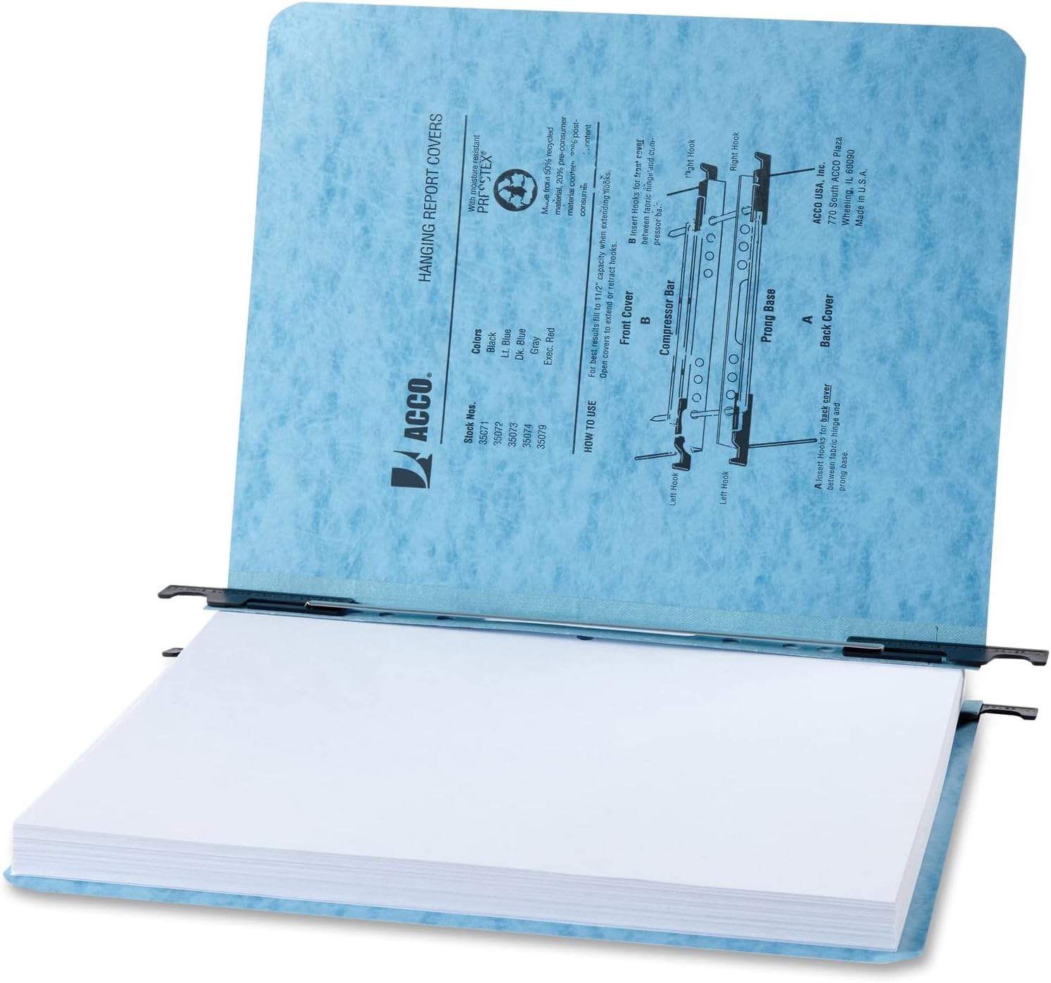 ACCO PRESSTEX Hanging Report Covers, 11 x 8.5 Inches, Side Bound, 8.5 Inch Centers, 2 Inch Capacity, Light Blue, 5 Covers per Pack (A7035072)