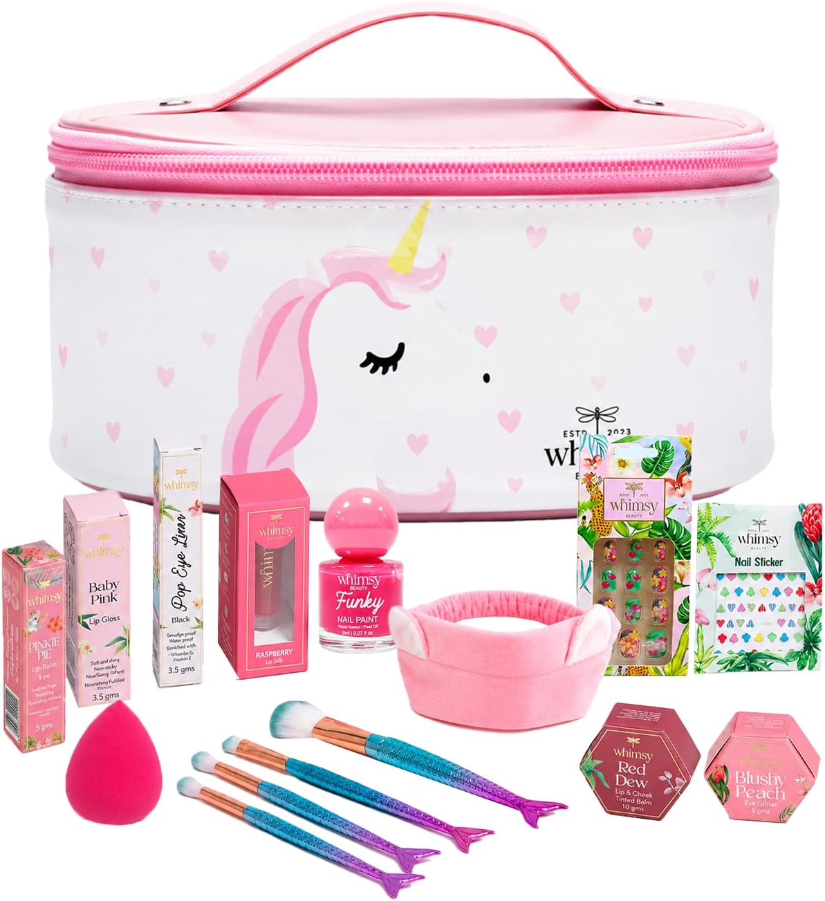 Whimsy 13-Piece Safe & Organic Unicorn Travel Beauty Kit for Girls, Preteens & Teens | Water-Washable Makeup Set with Lip Balm, Lip Cheek Tint, Lip Gloss, Eye Glitter, Nail Polish & Brushes
