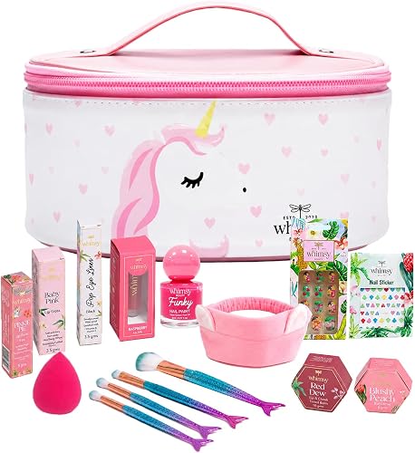 Whimsy Beauty Organic & Safe Unicorn Travel Makeup Kit | Safe, Non-Toxic Beauty Set for Girls, Preteens & Teens | Lip Balm, Lip & Cheek Tint, Lip Gloss, Eye Glitter, Nail Polish & Brushes (Pack of 13