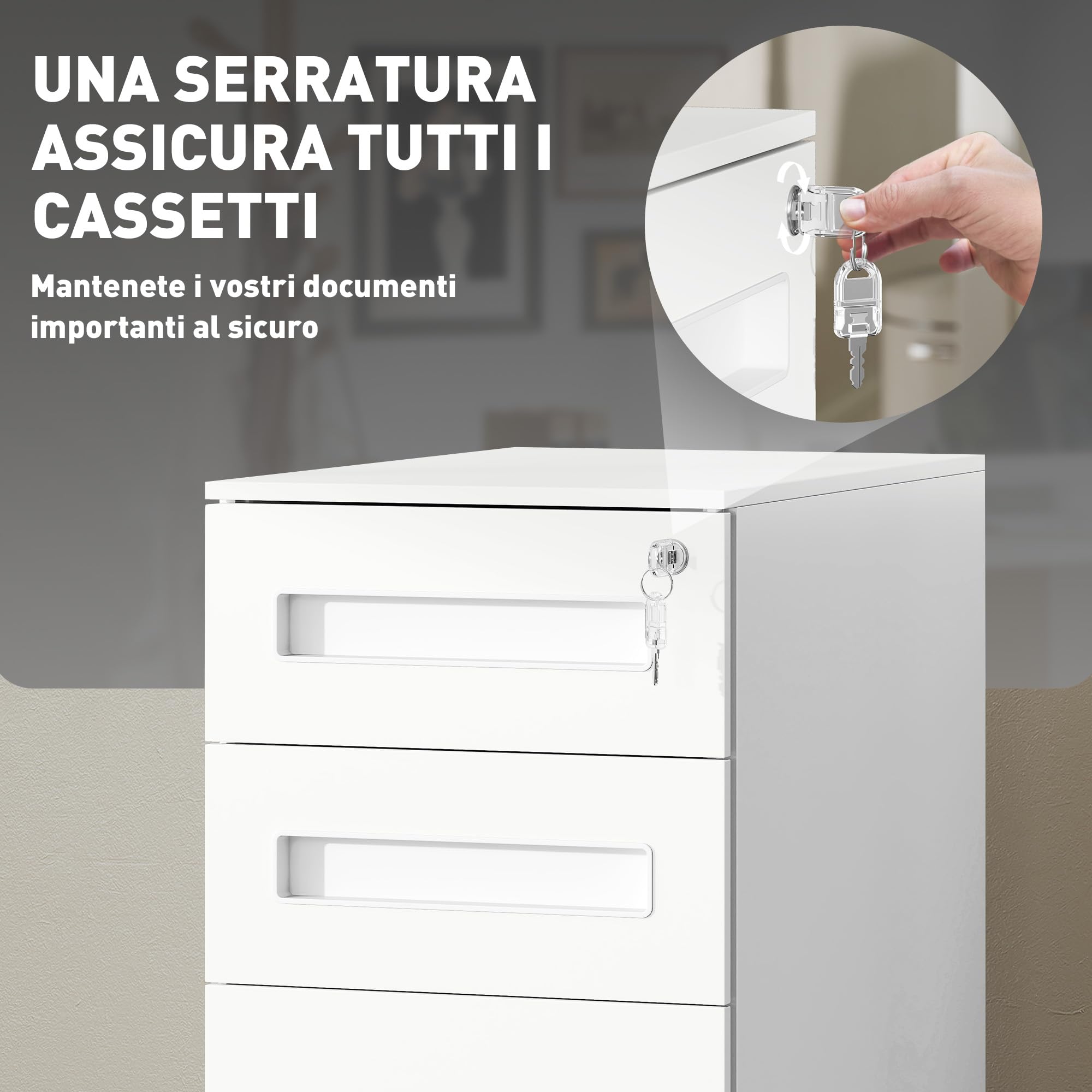 Vinsetto Cassettiera da Ufficio 5 Ruote 3 Cassetti con Serratura Bianco | Schedario Portadocumenti, Chiavi, Mobiletto Archivio per Documenti, Cartelle Sospese Formato A4 Lettera, Acciaio