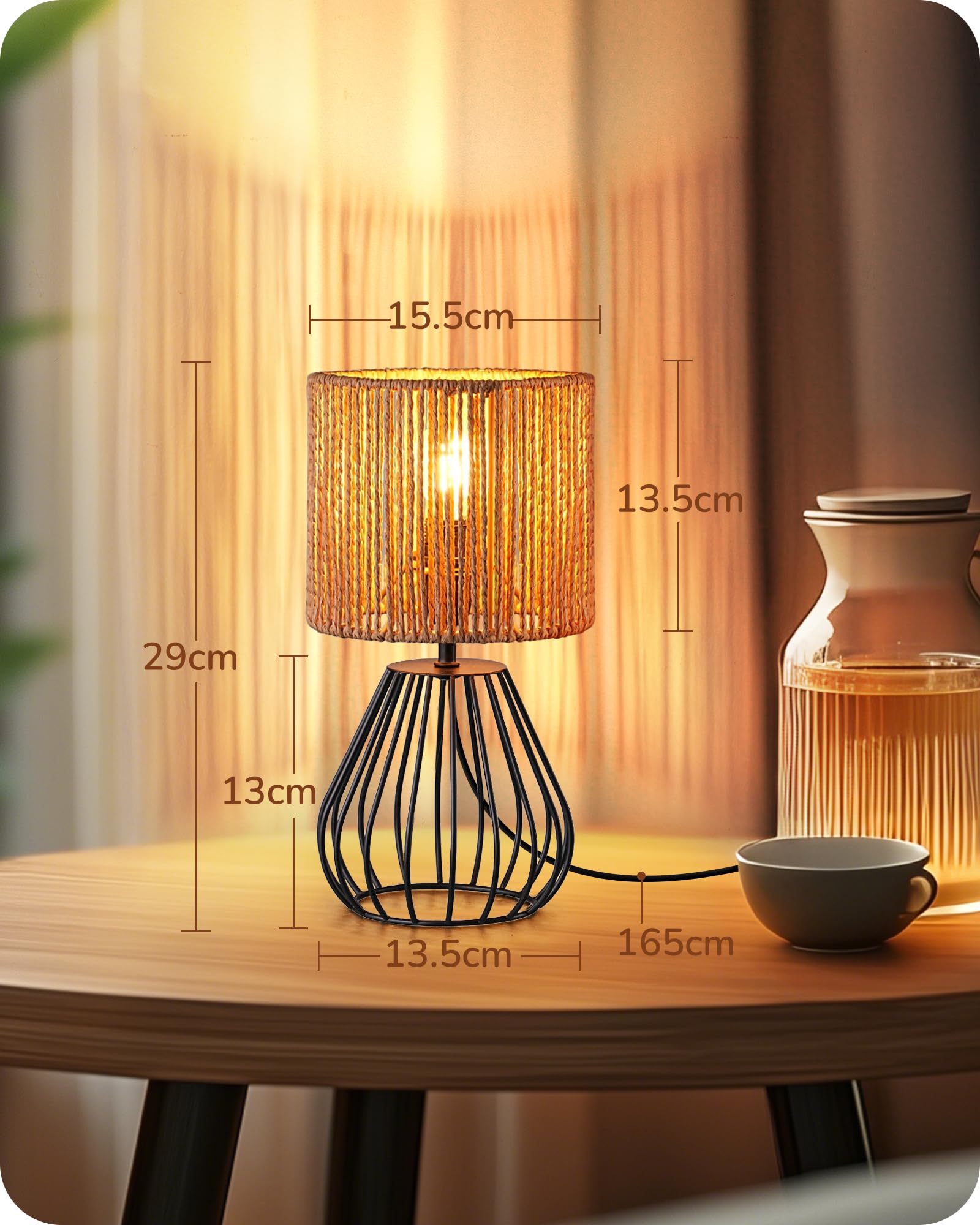 EDISHINE Small Rattan Table Lamp, Industrial Bedside Lamp, Handwoven Lampshade, Boho Lamps for Living Room Bedroom - Image 3
